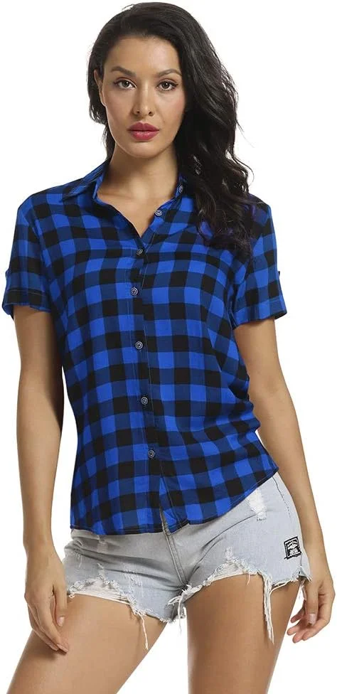 اوچنتا بلوز آستین کوتاه چهارخانه دکمه دار زنانه، تاپ های تابستانی غیر رسمی