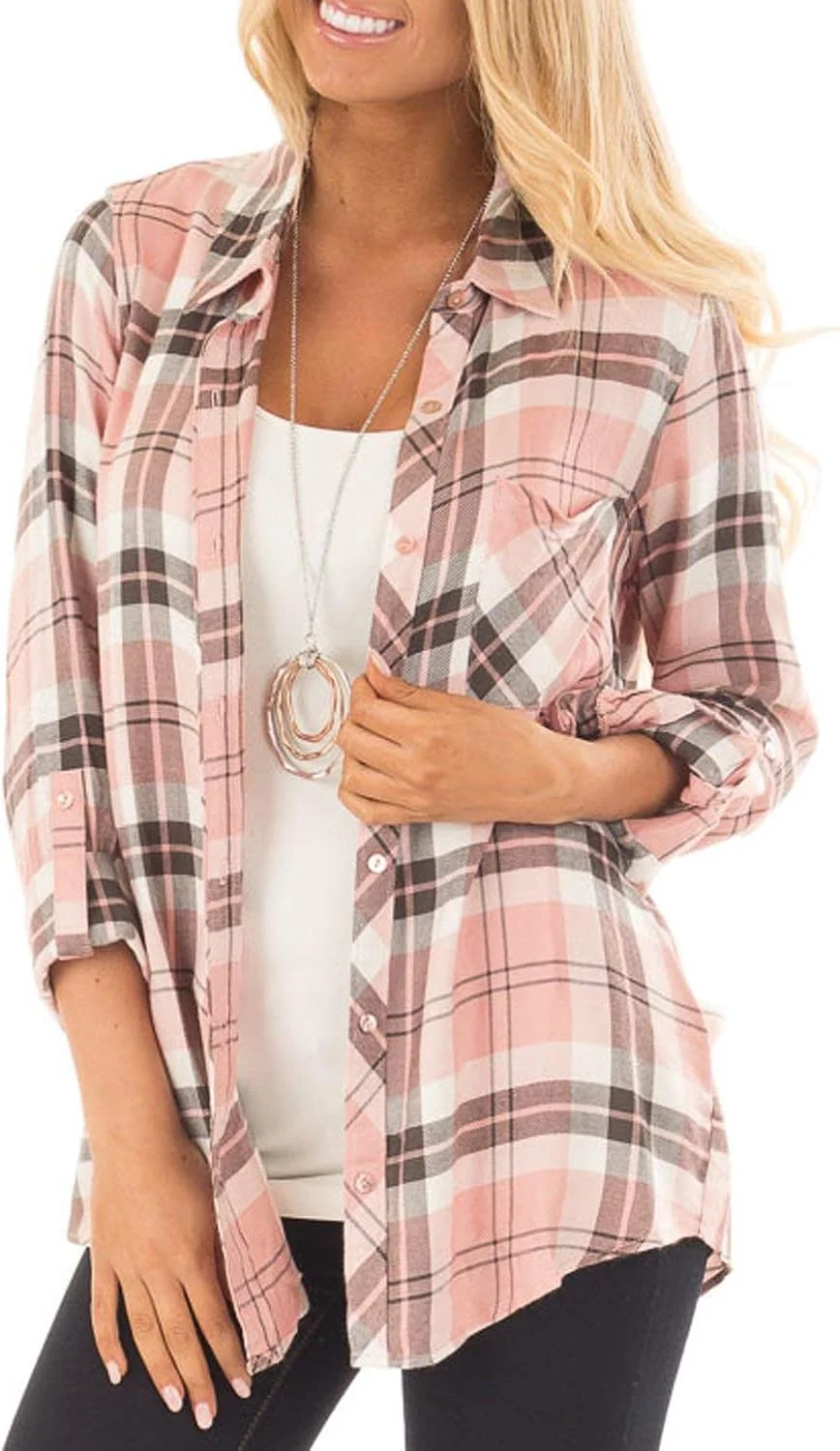 NUOREEL بلوز زنانه چهارخانه آستین بلند دکمه دار نرم