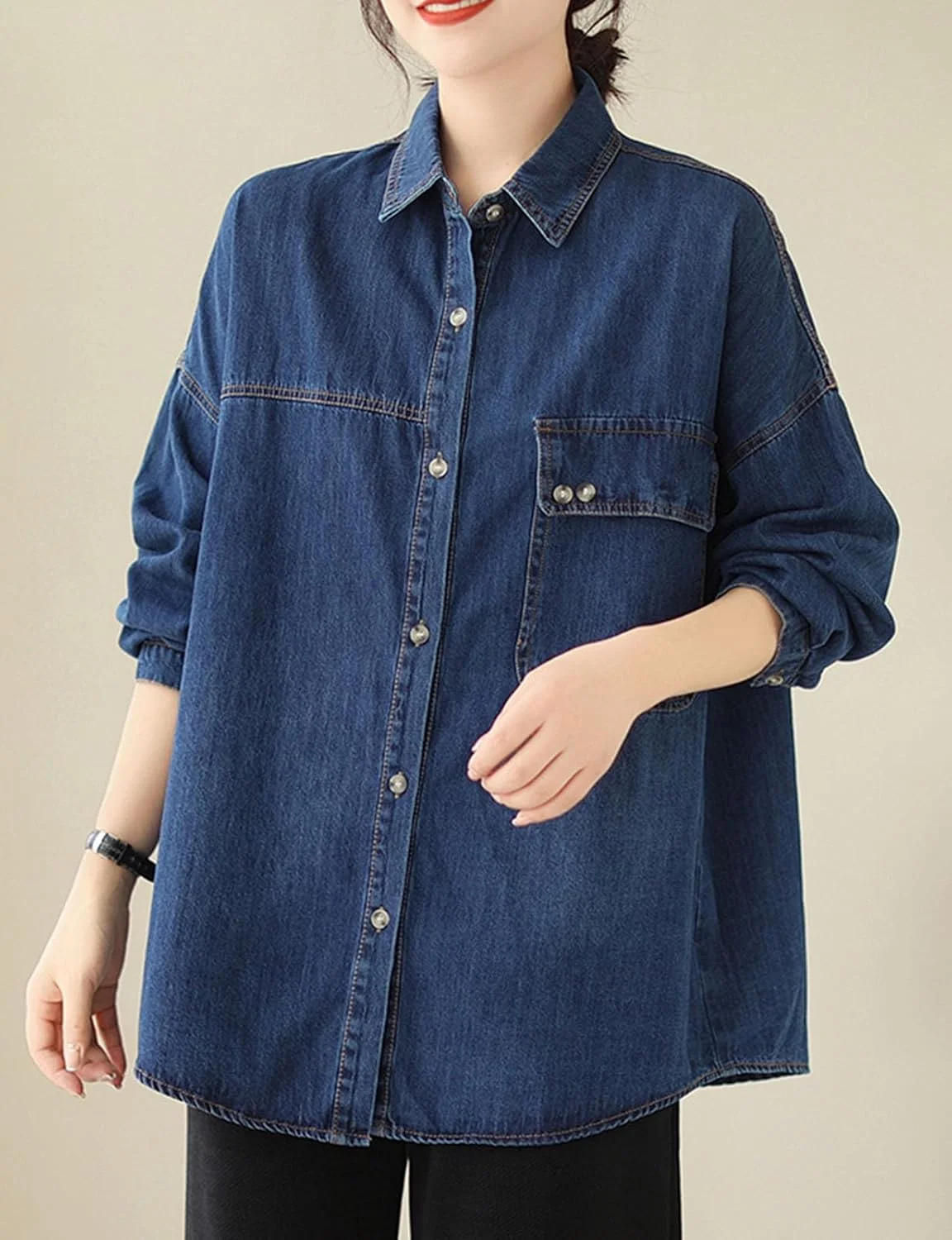 پیراهن جین زنانه Oaovo، دکمه دار، آستین بلند، مدل آزاد، سبک Chambray وسترن