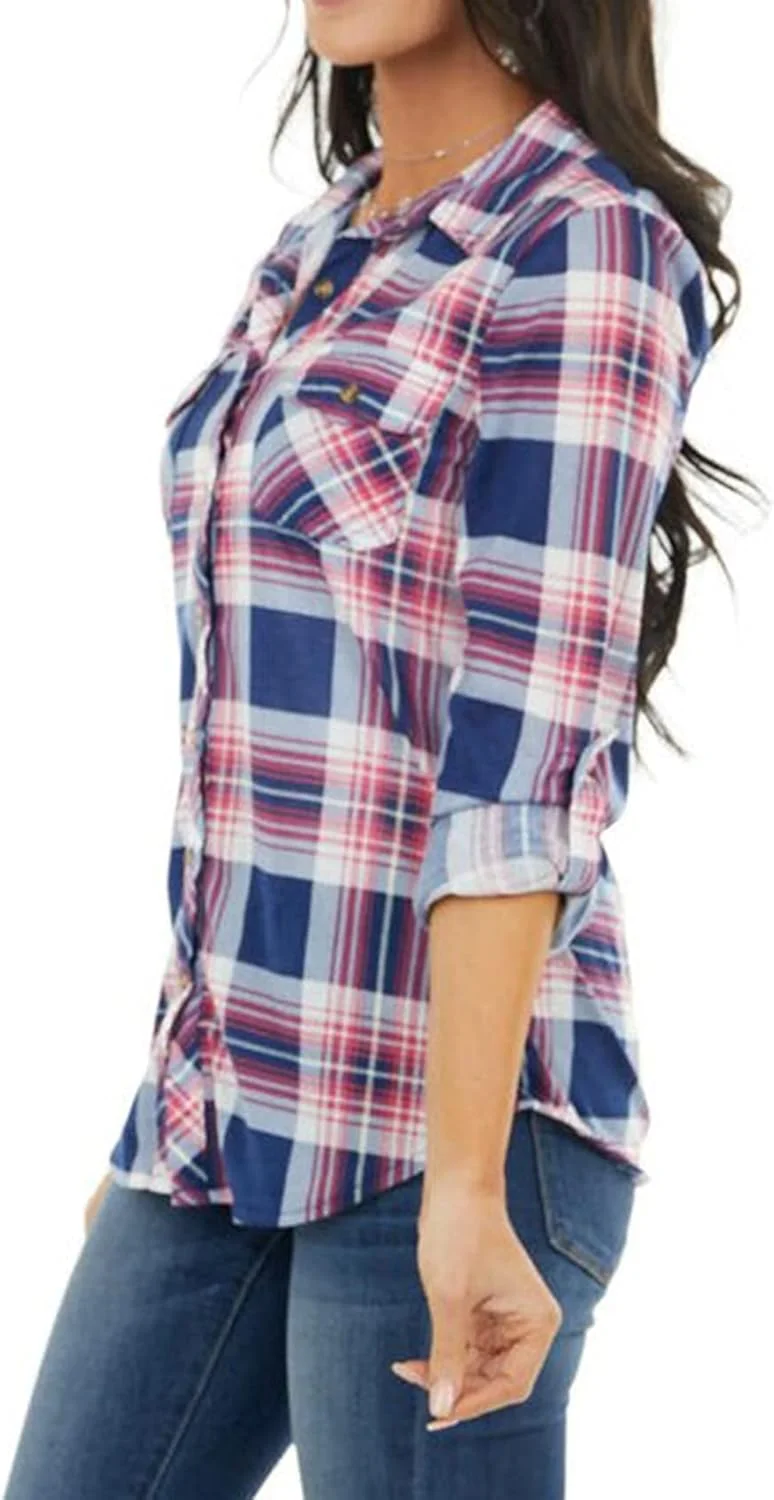 پیراهن چهارخانه کلاسیک زنانه NUOREEL، دکمه دار، آستین بلند قابل جمع شدن با سرآستین