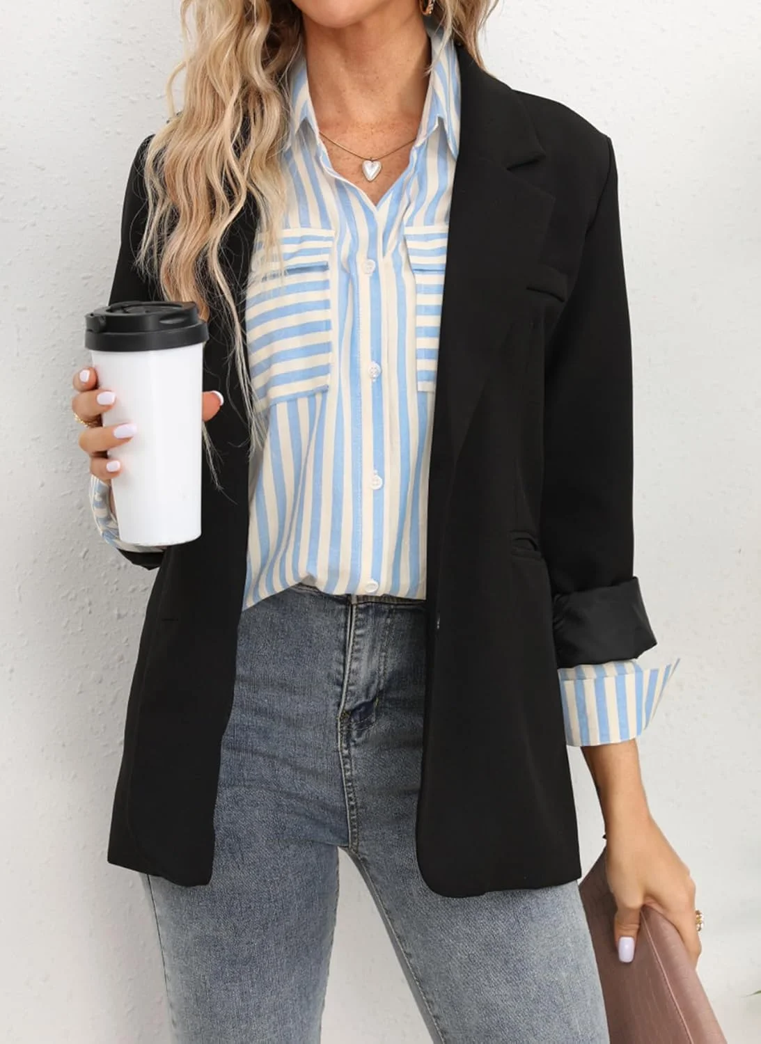 OMSJ بلوز زنانه راه راه دکمه دار آستین بلند یقه هفت با جیب