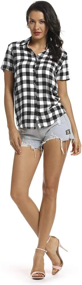 اوچنتا بلوز آستین کوتاه زنانه طرح چهارخانه دکمه دار، تاپ های غیر رسمی تابستانی