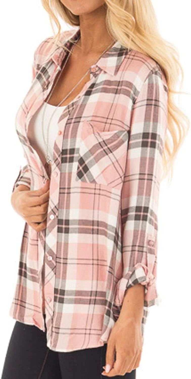 NUOREEL بلوز زنانه چهارخانه آستین بلند دکمه دار نرم