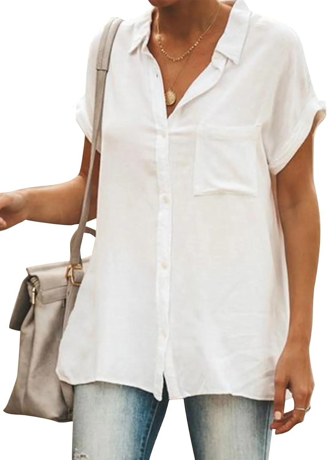 پیراهن دکمه دار زنانه OPOIPIN، یقه V، آستین کوتاه، بلوز با جیب