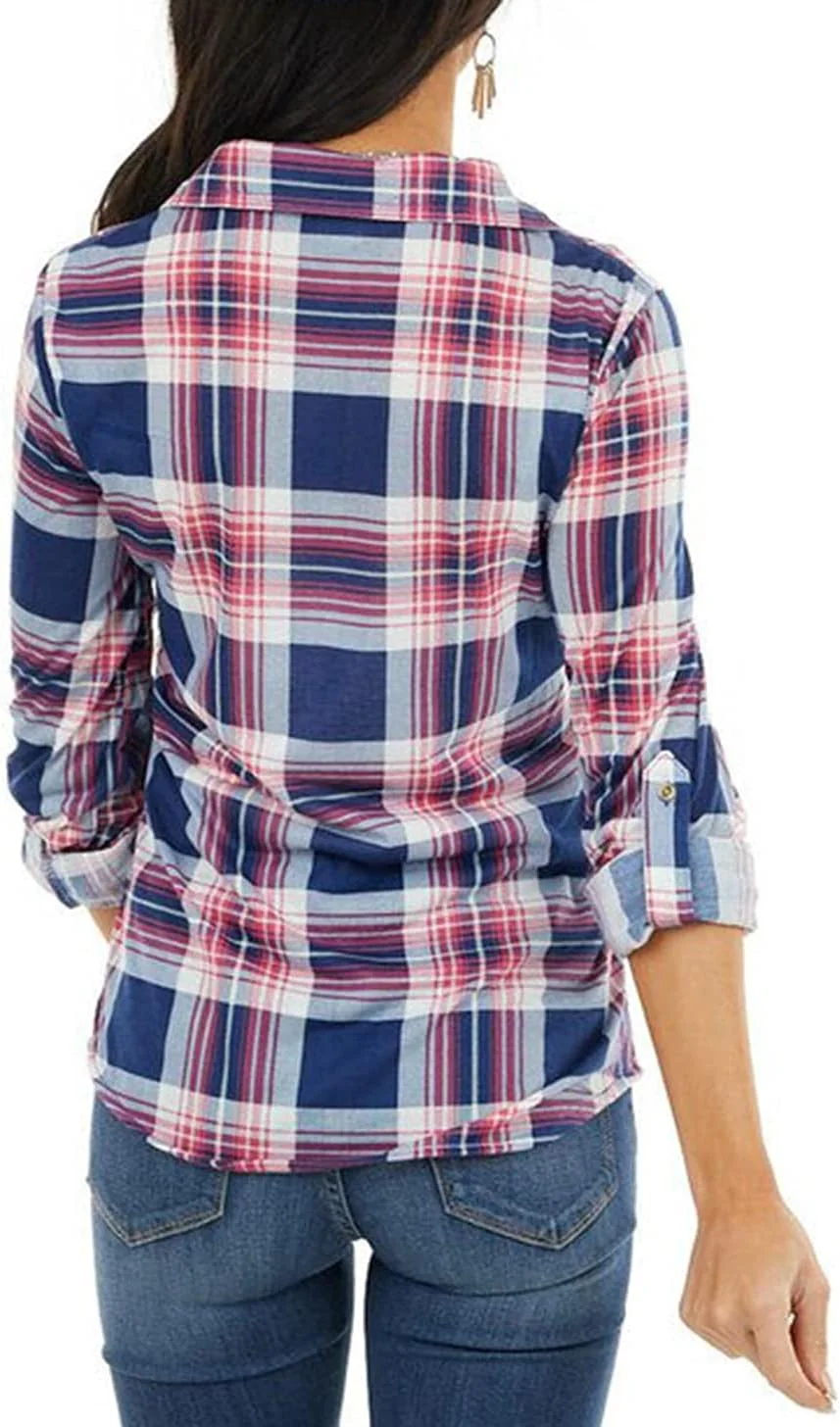 پیراهن چهارخانه کلاسیک زنانه NUOREEL، دکمه دار، آستین بلند قابل جمع شدن با سرآستین