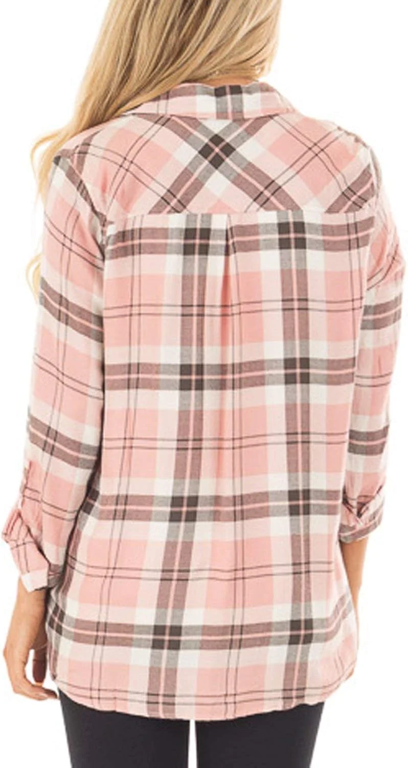 NUOREEL بلوز زنانه چهارخانه آستین بلند دکمه دار نرم