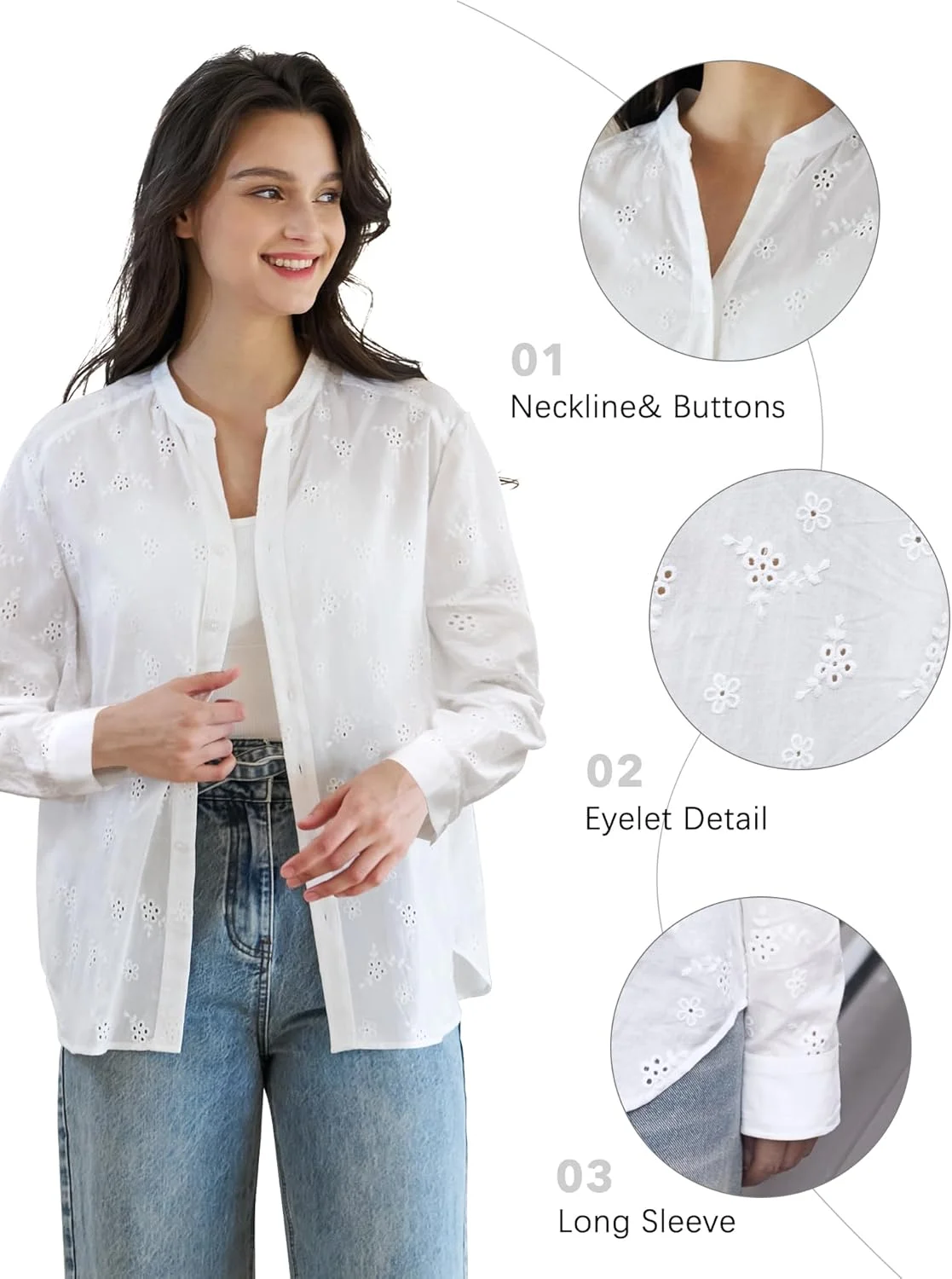 اولائسا، بلوز زنانه سفید آستین کوتاه گلدوزی شده، یقه هفت دکمه دار، مناسب استایل بوهو و تابستان