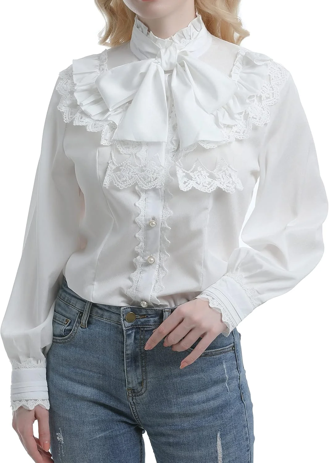 NSPSTT بلوز ویکتوریایی، پیراهن گوتیک دکمه دار، بلوز آستین پفی سفید زنانه