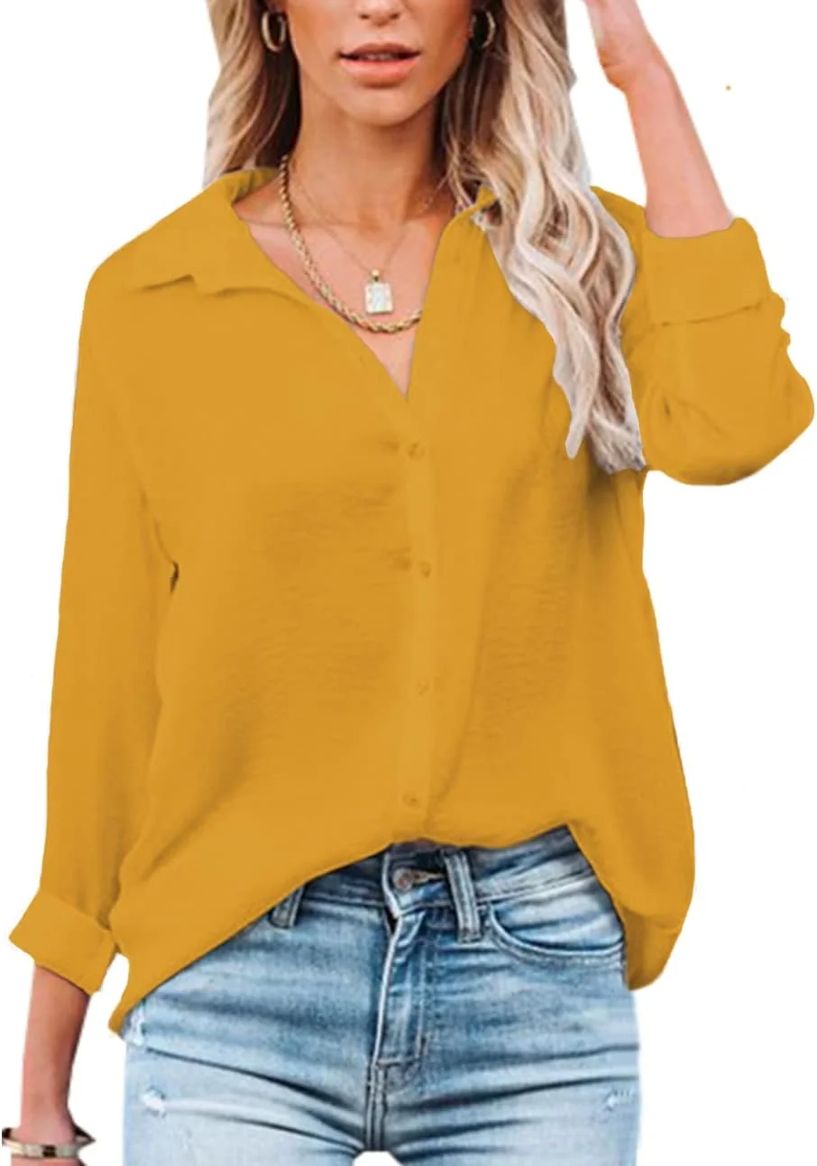بلوز شیک زنانه NONSAR، پیراهن یقه هفت آستین بلند، تاپ های غیر رسمی و مناسب کار زنانه دکمه دار، پیراهن آستین بلند، زرد، XXL