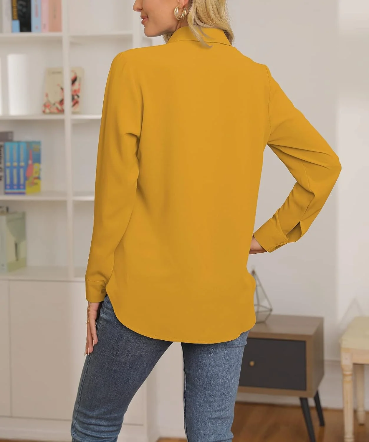 بلوز شیک زنانه NONSAR، پیراهن یقه هفت آستین بلند، تاپ های غیر رسمی و مناسب کار زنانه دکمه دار، پیراهن آستین بلند، زرد، XXL