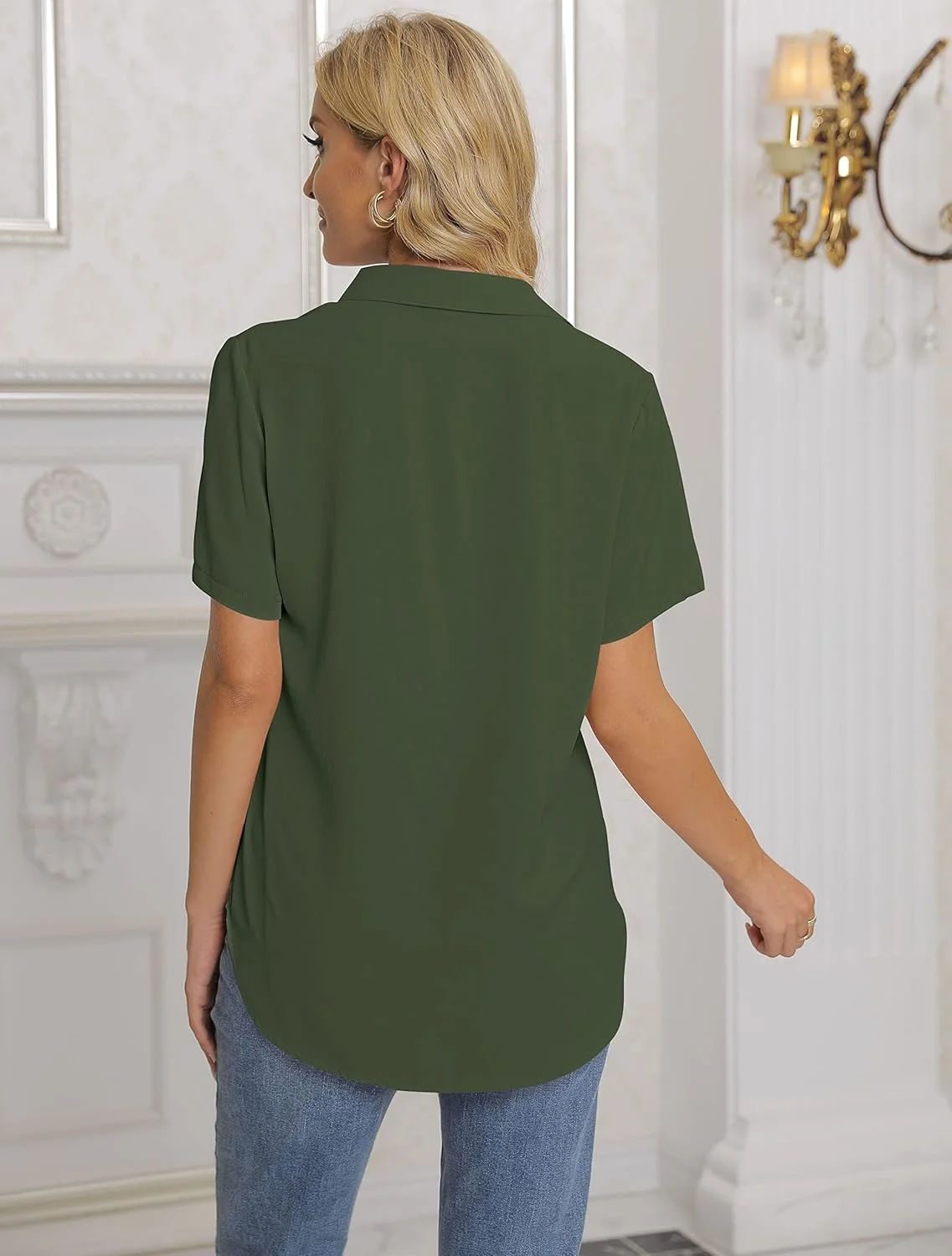بلوز زنانه NONSAR، پیراهن یقه هفت آستین بلند، تاپ های شیک و غیر رسمی مناسب کار با دکمه، پیراهن آستین بلند، سبز تیره آستین کوتاه، سایز S
