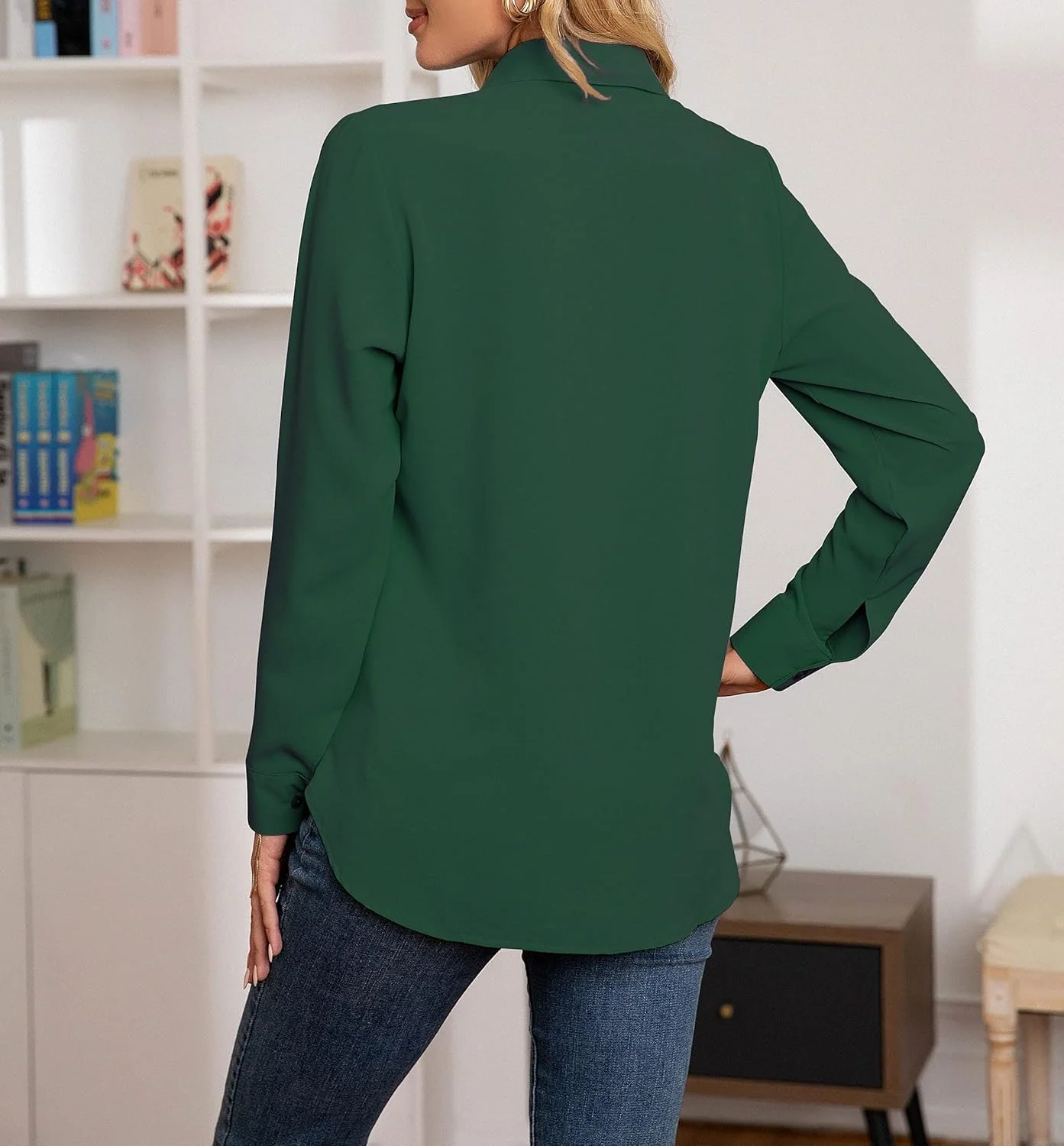 بلوز زنانه NONSAR، پیراهن یقه هفت آستین بلند، تاپ های شیک و غیر رسمی مناسب کار با دکمه، لباس آستین بلند، سبز تیره، XL