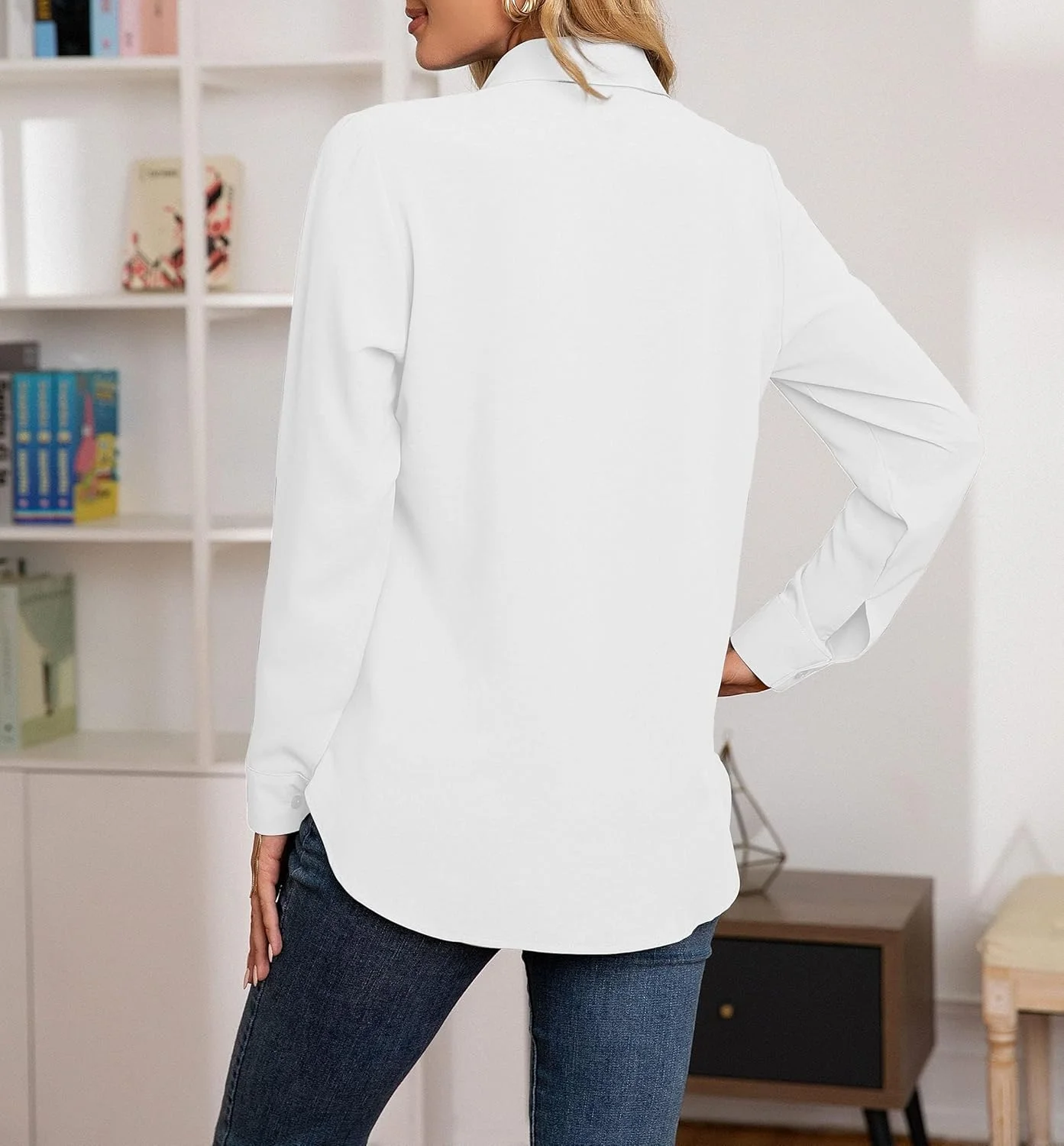 بلوز زنانه NONSAR، پیراهن یقه هفت آستین بلند، تاپ های شیک و غیر رسمی مناسب کار با دکمه، لباس آستین بلند (XL، زنانه، سفید)