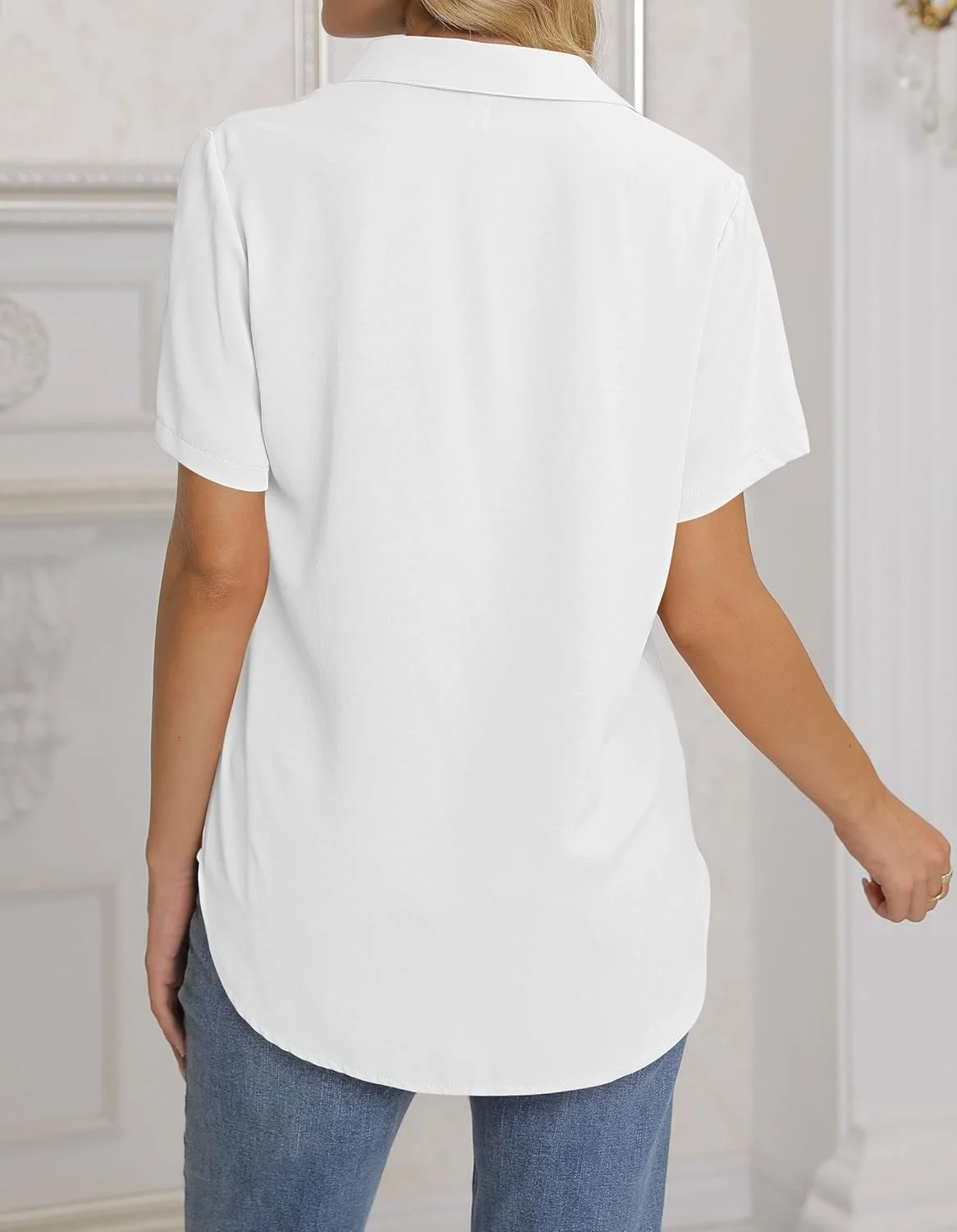 بلوز زنانه NONSAR، پیراهن یقه هفت آستین بلند، تاپ های شیک و غیر رسمی مناسب کار با دکمه، پیراهن آستین بلند، سفید آستین کوتاه، XL