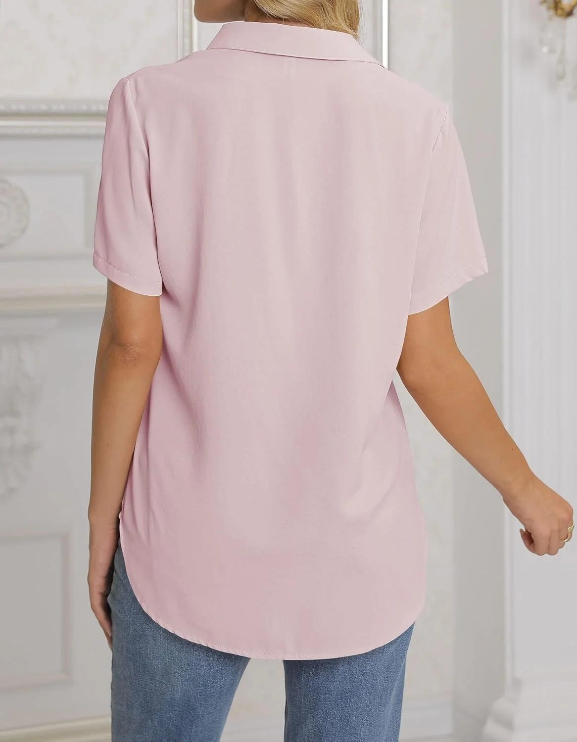 بلوز زنانه NONSAR، پیراهن یقه هفت آستین بلند، تاپ های شیک و غیر رسمی مناسب کار با دکمه، پیراهن آستین بلند، صورتی آستین کوتاه، XXL