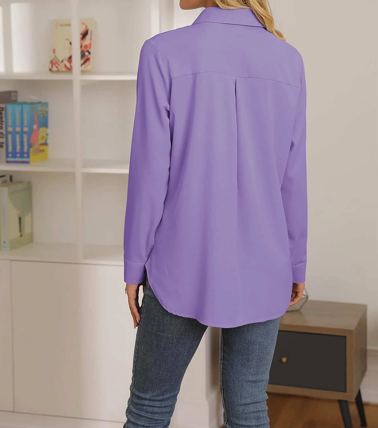 NONSAR بلوز زنانه آستین بلند دکمه دار یقه هفت، رنگ بنفش، سایز M