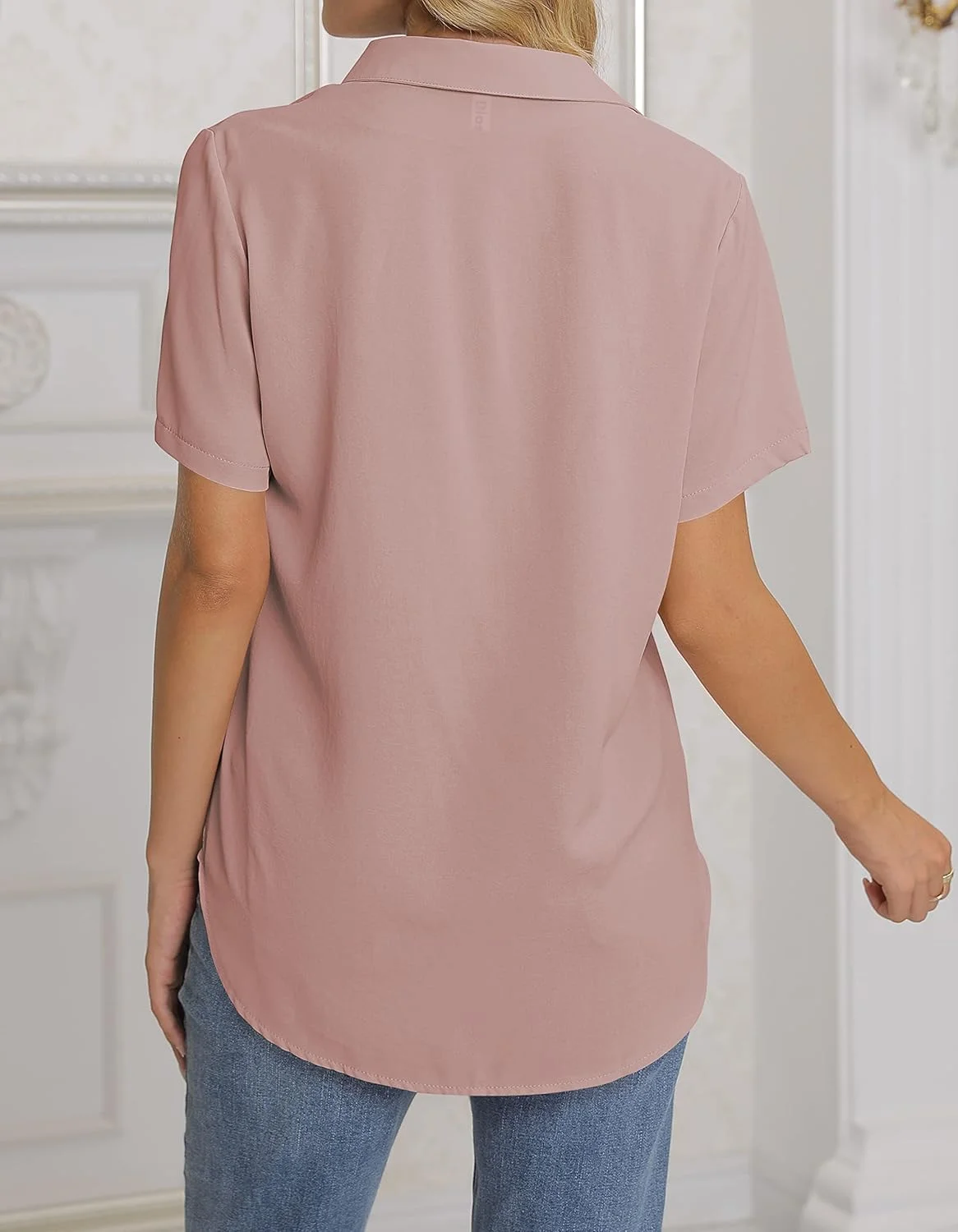 بلوز زنانه NONSAR، پیراهن یقه هفت، آستین بلند، تاپ های غیر رسمی و شیک مناسب کار، دارای دکمه، لباس زنانه، آستین کوتاه صورتی تیره، سایز M