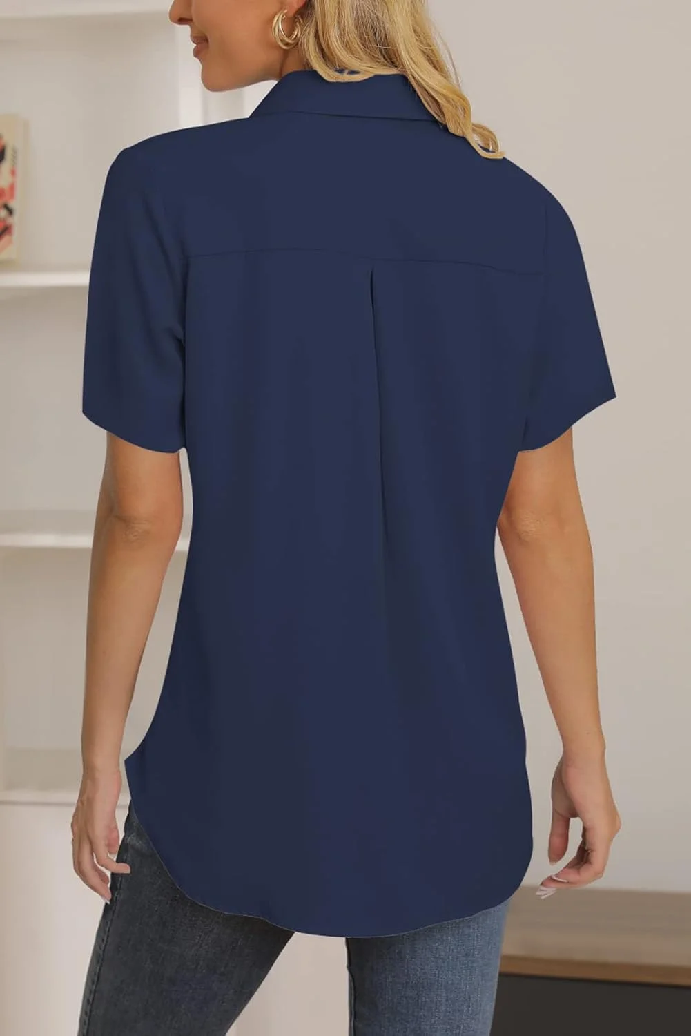 NONSAR بلوز زنانه آستین بلند دکمه دار یقه هفت، رنگ آبی تیره - آستین کوتاه، سایز S