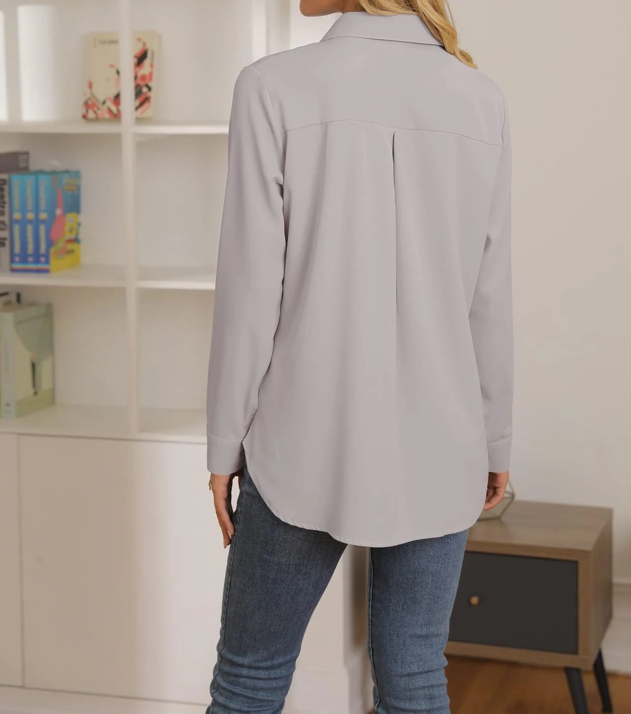 NONSAR بلوز زنانه آستین بلند دکمه دار یقه هفت، رنگ طوسی، سایز M