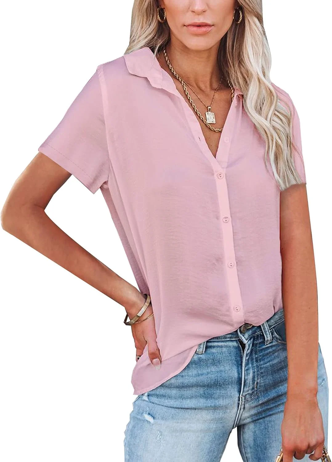بلوز زنانه NONSAR، پیراهن یقه هفت، تاپ های شیک و غیر رسمی مناسب کار با دکمه، آستین کوتاه (9342L، صورتی)