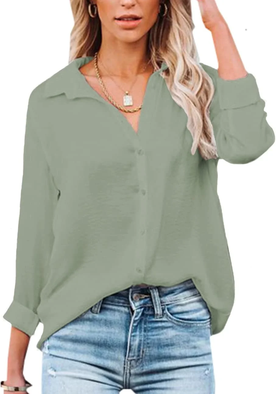 بلوز زنانه NONSAR، پیراهن یقه هفت آستین بلند، تاپ های شیک و غیر رسمی مناسب کار با دکمه، پیراهن آستین بلند (XL، سبز نخودی)