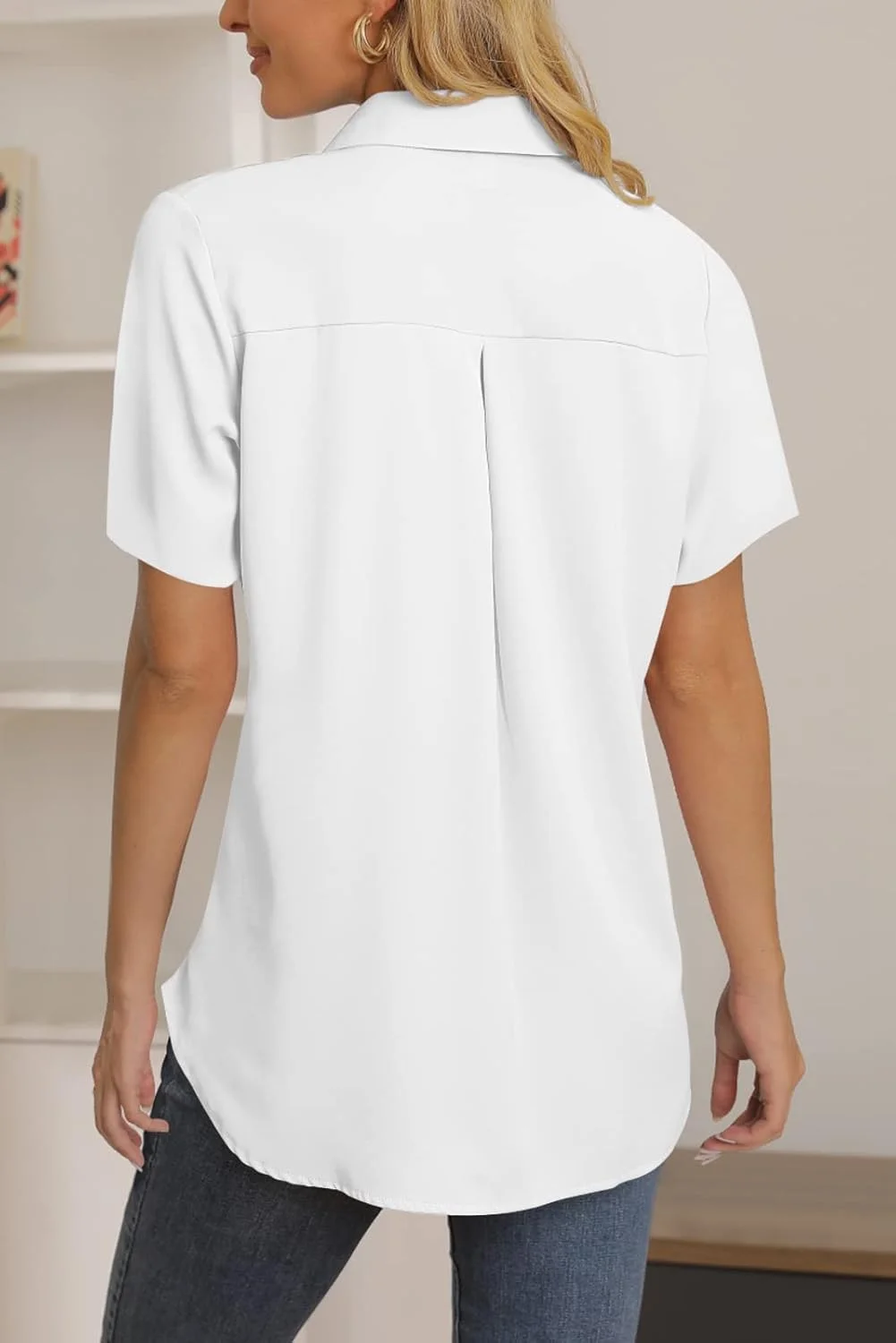 NONSAR بلوز زنانه آستین بلند یقه هفت دکمه دار، لباس های غیر رسمی گشاد با رنگ ثابت، پیراهن، بلوز زنانه، سفید - آستین کوتاه، XXL