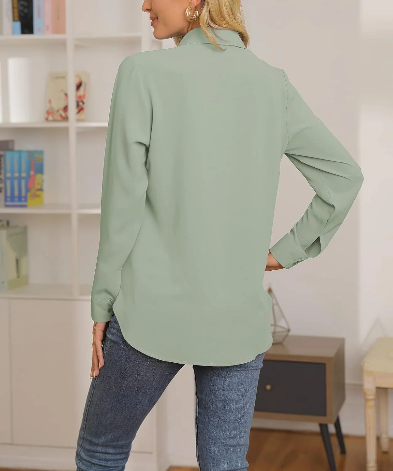 بلوز زنانه NONSAR، پیراهن یقه هفت آستین بلند، تاپ های شیک و غیر رسمی مناسب کار با دکمه، پیراهن آستین بلند (XL، سبز نخودی)