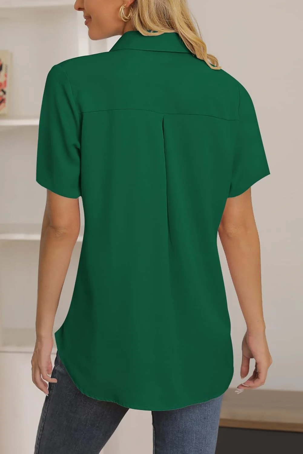 NONSAR بلوز زنانه آستین بلند دکمه دار یقه هفت، رنگ سبز تیره - آستین کوتاه، XXL
