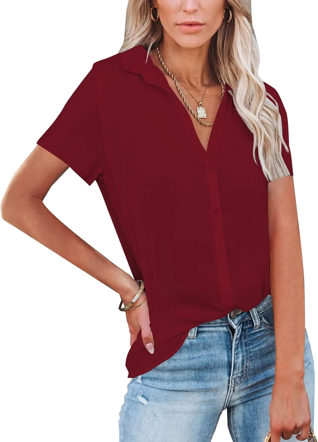 بلوز زنانه NONSAR، پیراهن یقه هفت آستین بلند، تاپ های شیک و غیر رسمی مناسب کار با دکمه، پیراهن آستین بلند، قرمز تیره، آستین کوتاه، XXL