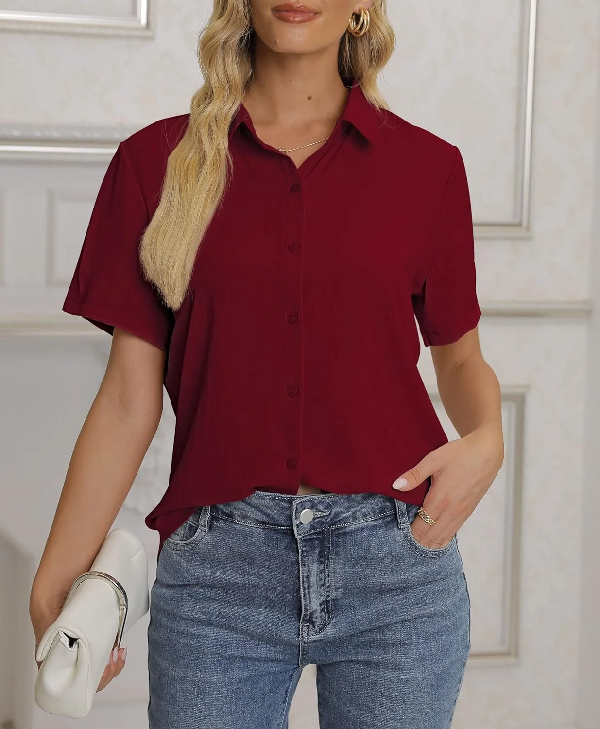 بلوز زنانه NONSAR، پیراهن یقه هفت آستین بلند، تاپ های شیک و غیر رسمی مناسب کار با دکمه، پیراهن آستین بلند، قرمز تیره، آستین کوتاه، XXL