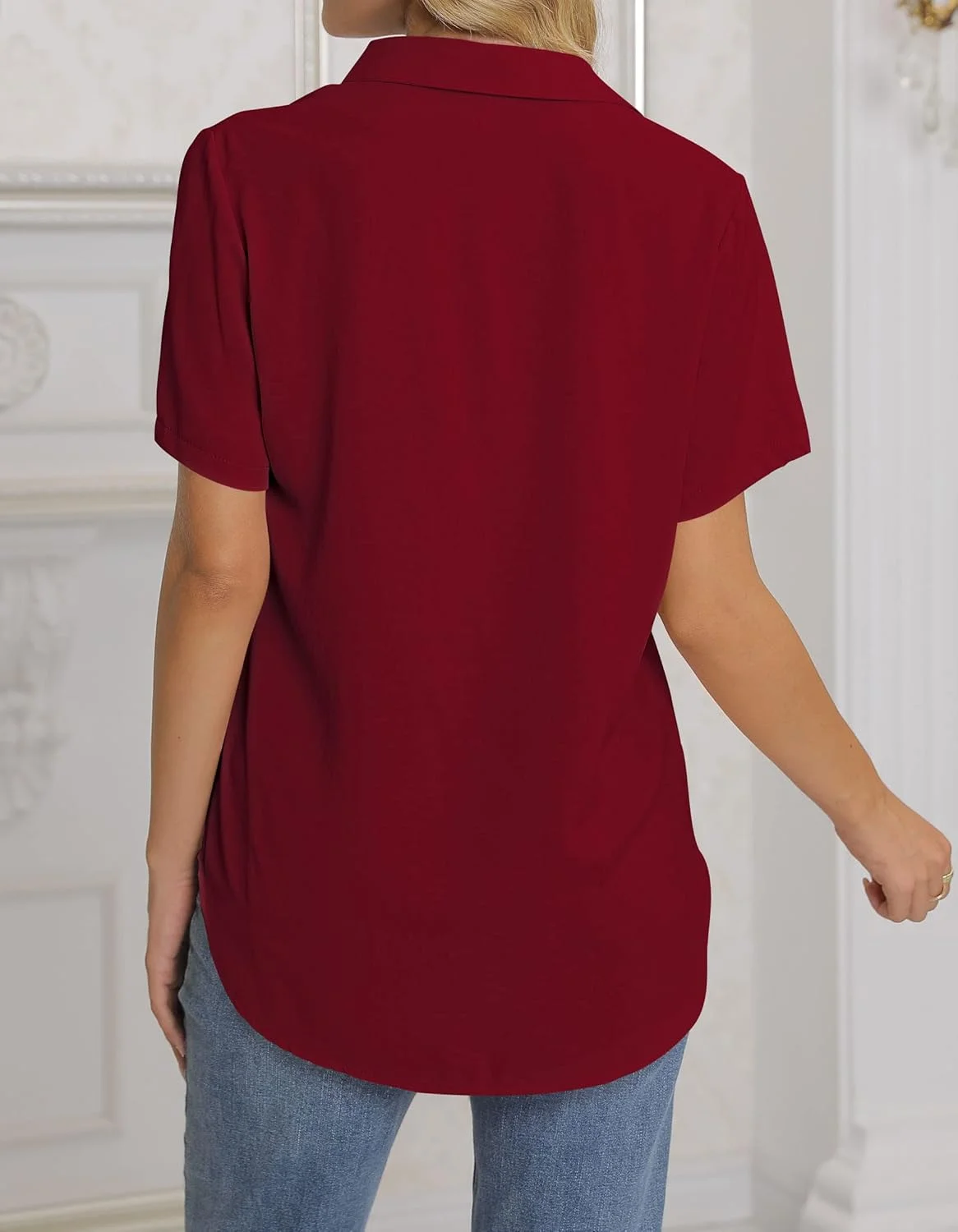 بلوز زنانه NONSAR، پیراهن یقه هفت آستین بلند، تاپ های شیک و غیر رسمی مناسب کار با دکمه، پیراهن آستین بلند، قرمز تیره، آستین کوتاه، XXL