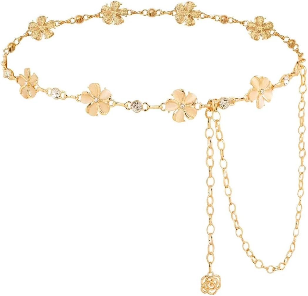 Metal Waist Chain Belts for Women - Gold Chain Champagne, Pearls Gold Silver Chain Belts for Dresses, Adjustable Ladies Metal Body Link Belt,Versatile Fashion Accessory(1 Pcs)