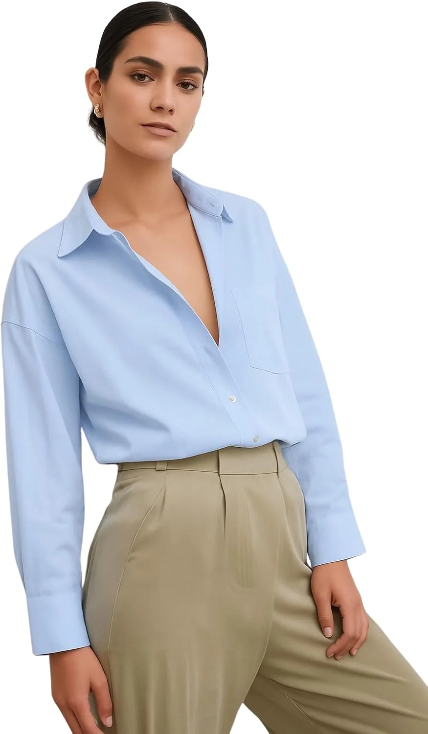 پیراهن دکمه دار زنانه NeverMore، سایز بزرگ، 100% پنبه، آستین بلند، آبی، ساخت ترکیه