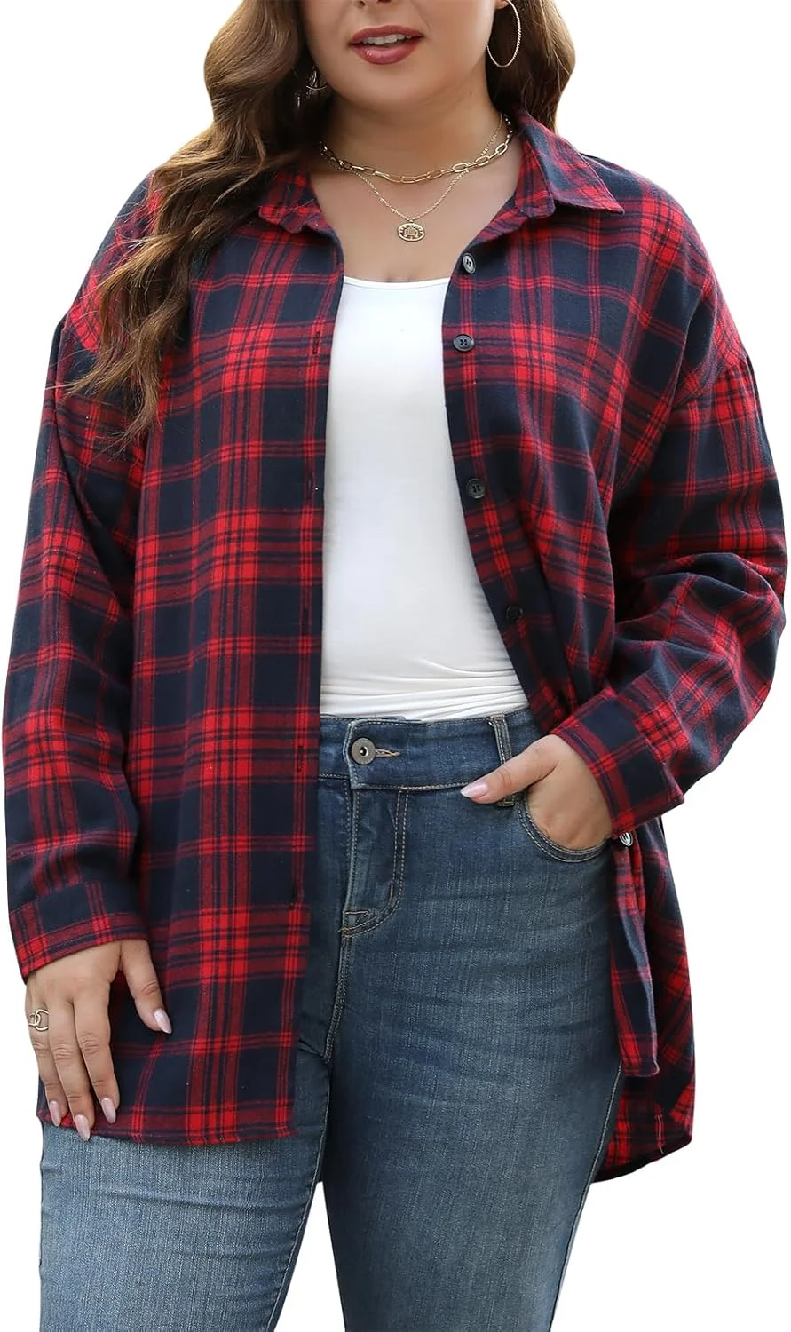 نمیدور زنانه سایز بزرگ، شکت های چهارخانه غیر رسمی، پیراهن های دکمه دار آستین بلند