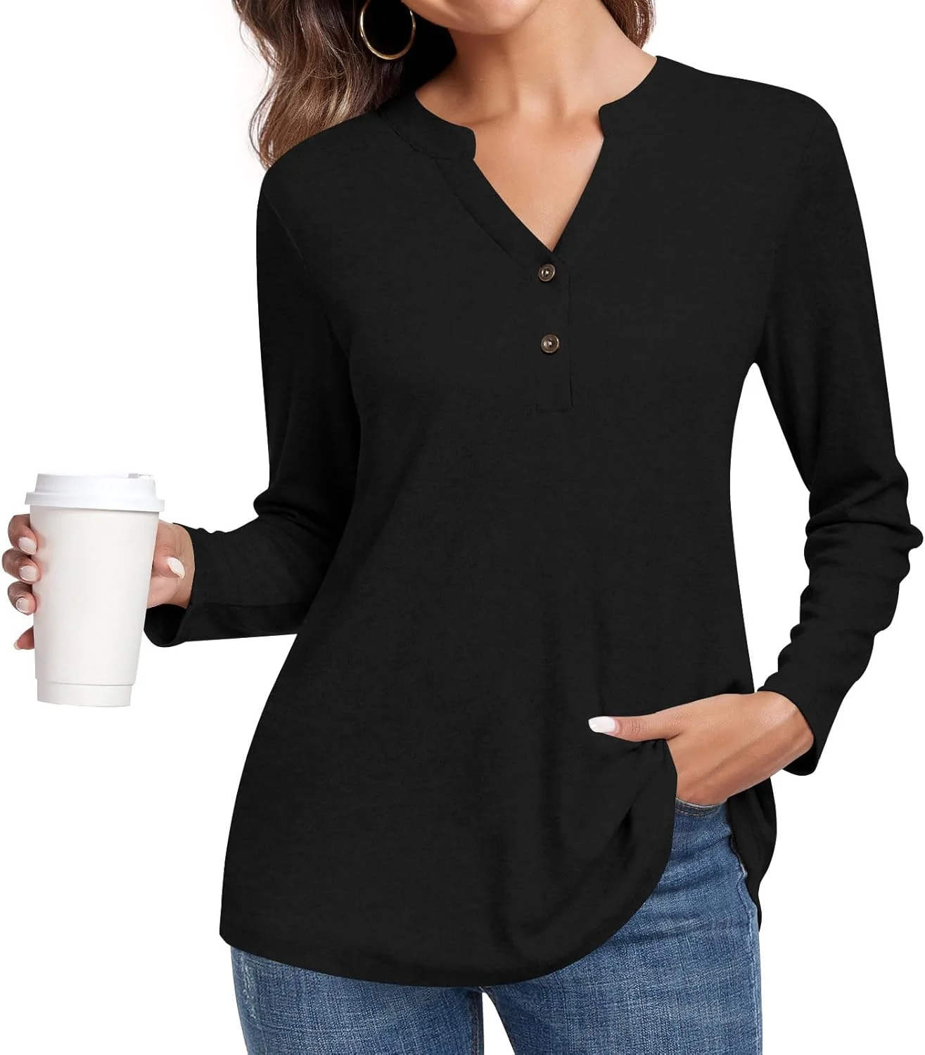 نت اسمایل تاپ تونیک آستین بلند زنانه، بلوز دکمه دار یقه هفت، پلیور چین دار و پایه ای غیر رسمی