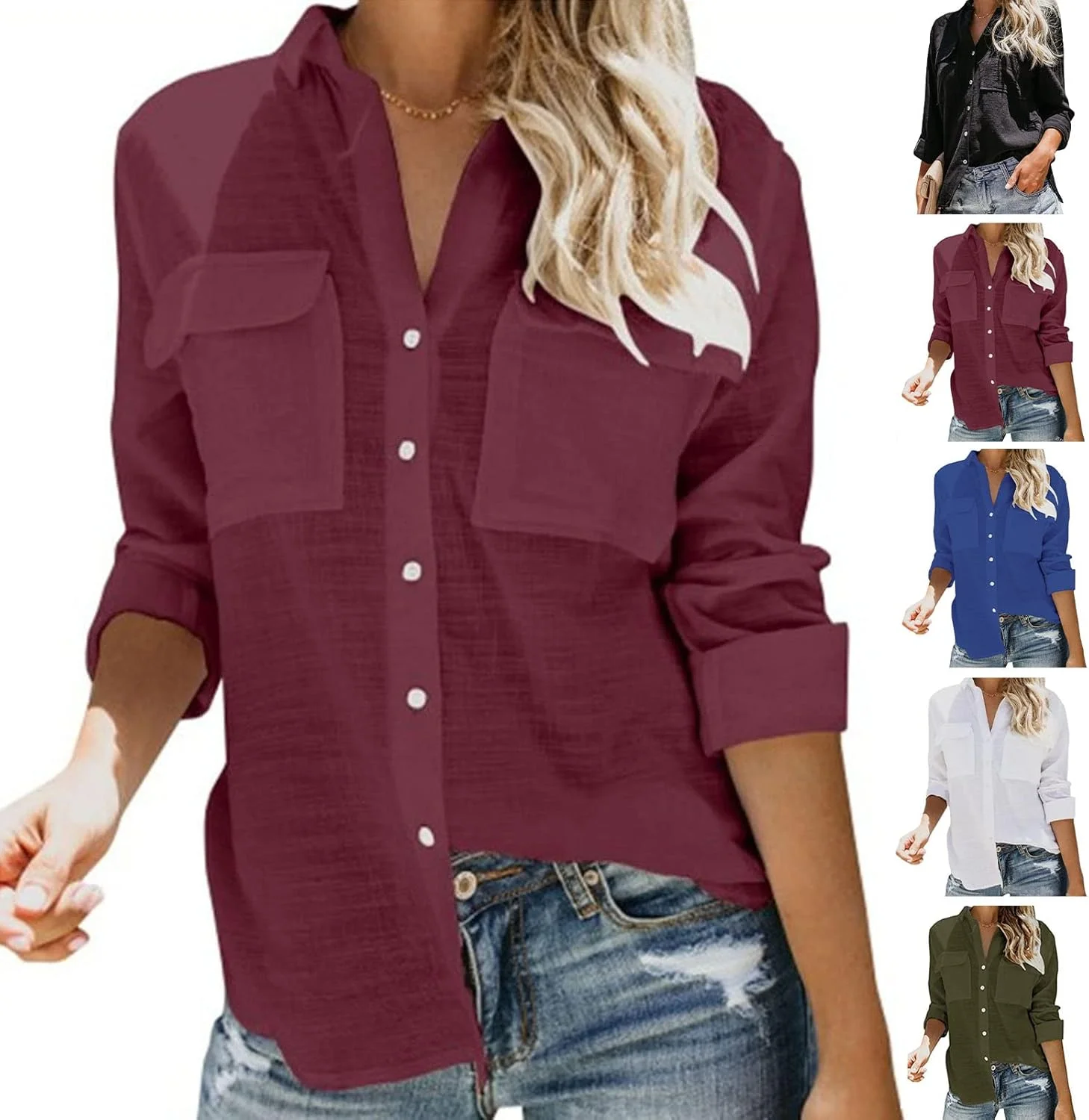 بلوز دکمه دار زنانه نیو بیوتی، آستین بلند، یقه برگردان، پیراهن یقه هفت، طرح ساده، مناسب کار، گشاد و راحت، پیراهن ساده با جیب