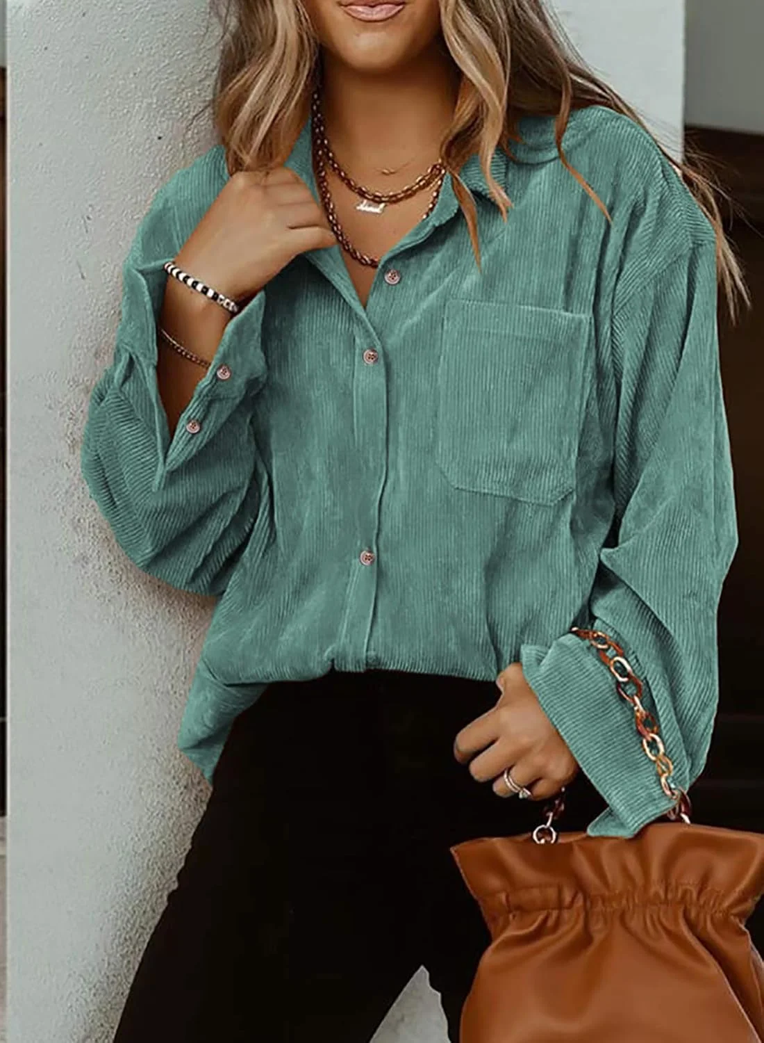 پیراهن زنانه کبریتی Necooer، بلوز آستین بلند دکمه دار مدل Boyfriend، سبز، XXL