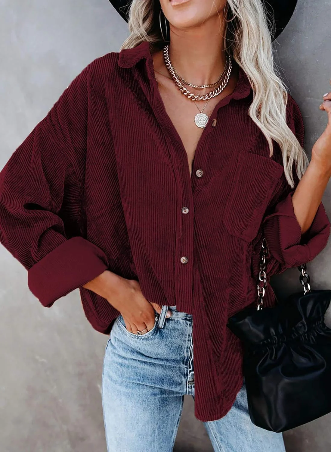 پیراهن زنانه مخمل کبریتی Necooer، مدل دوست پسرانه، آستین بلند، دکمه دار، رنگ قرمز، سایز XXL