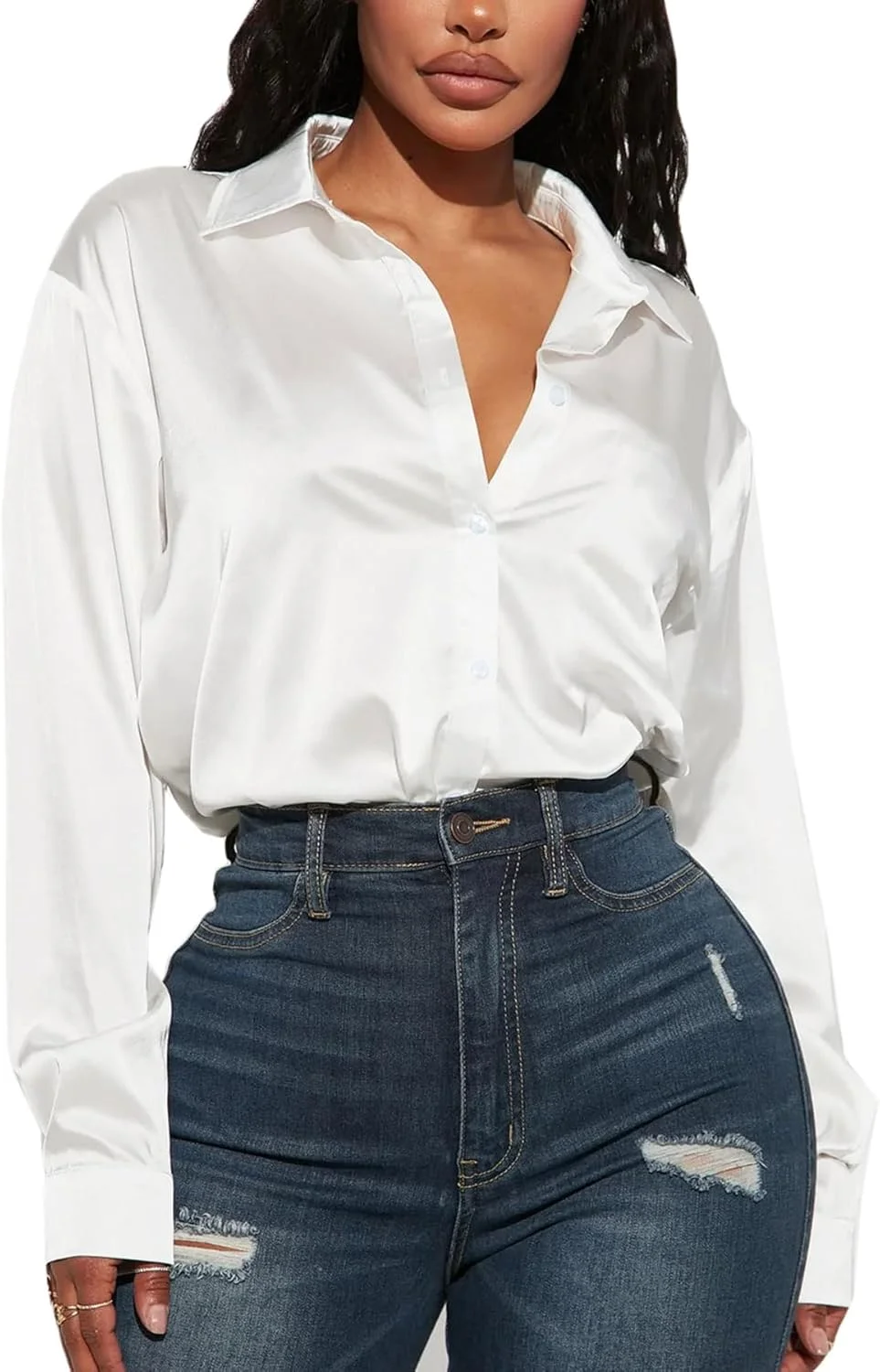 پیراهن زنانه Navneet، بلوز ساتن، دکمه دار، آستین بلند، بلوز یقه دار ساتن، تاپ های غیر رسمی مناسب بیرون رفتن و کار در اداره، مدل A1 سفید ساتن آستین بلند سایز L
