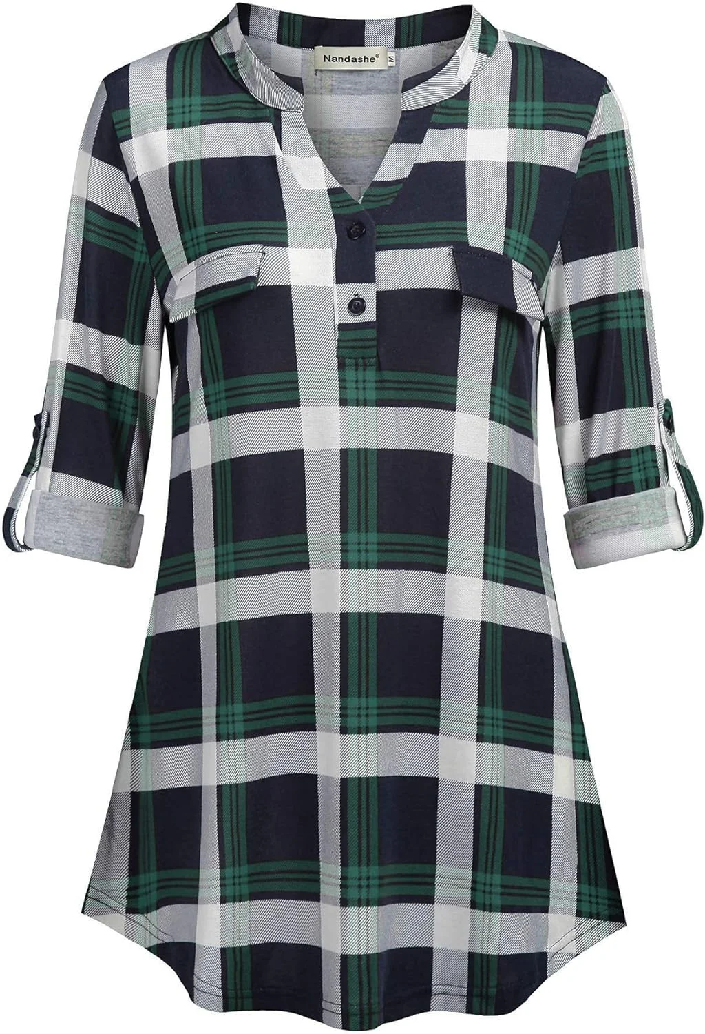 Nandashe بلوز زنانه آستین سه ربع، یقه هفت دکمه دار، تونیک گشاد