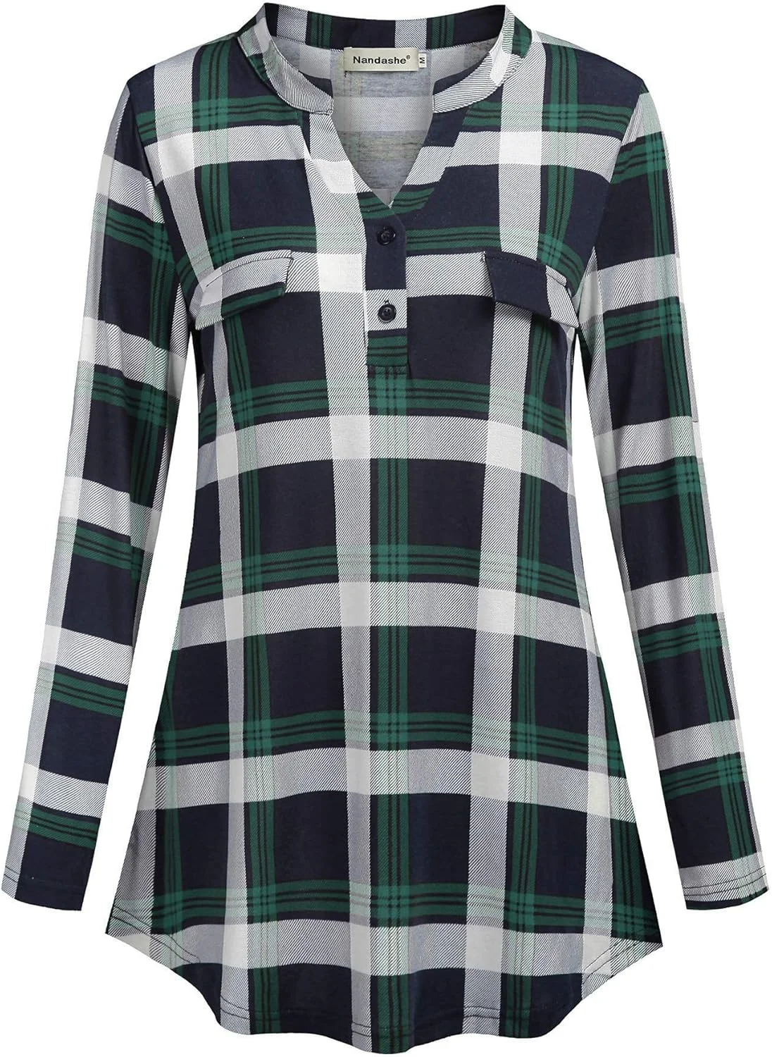 Nandashe بلوز زنانه آستین سه ربع، یقه هفت دکمه دار، تونیک گشاد