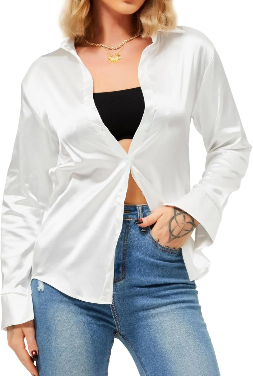 پیراهن زنانه Navneet، بلوز ساتن، دکمه دار، آستین بلند، بلوز یقه دار ساتن، تاپ های غیر رسمی مناسب بیرون رفتن و کار در اداره، مدل A1 سفید ساتن آستین بلند سایز L