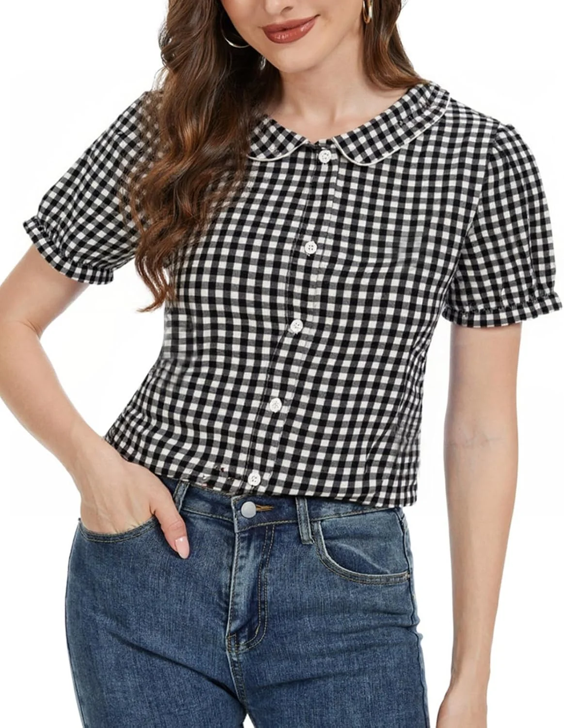 بلوز زنانه تابستانی چهارخانه MINTLIMIT مدل 2025، تاپ چهارخانه آستین کوتاه دکمه دار با یقه پیتر پن