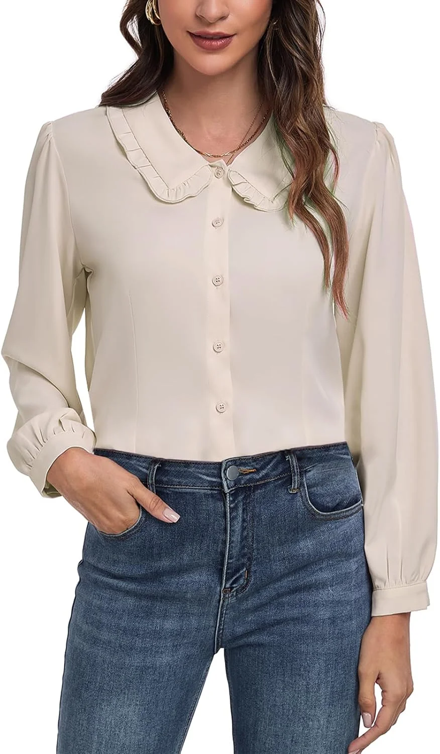 MINTLIMIT پیراهن یقه پیتر پن زنانه آستین بلند دکمه دار بلوزهای کژوال کار وینتیج