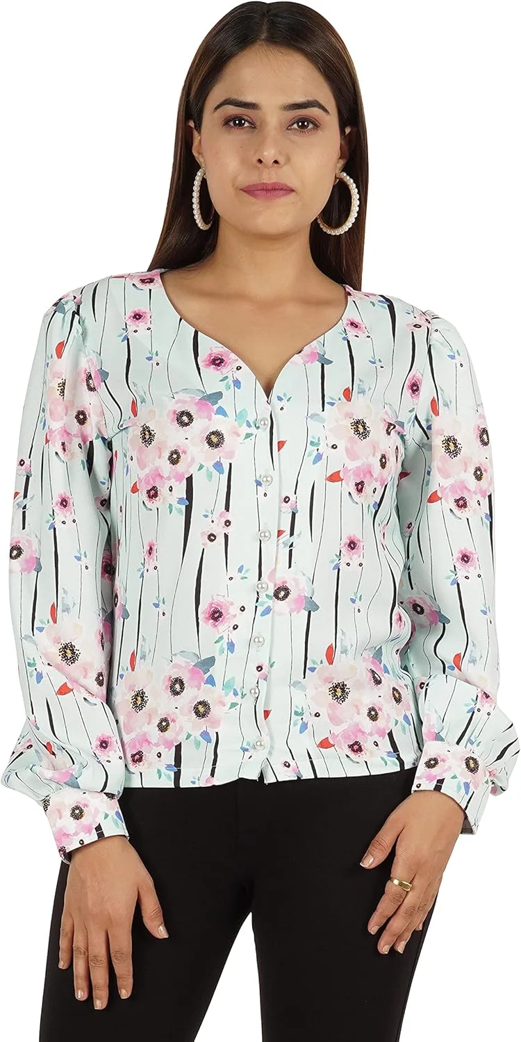 بلوز زنانه طرح دار مومایا، دکمه دار، آستین بلند، پیراهن غیر رسمی