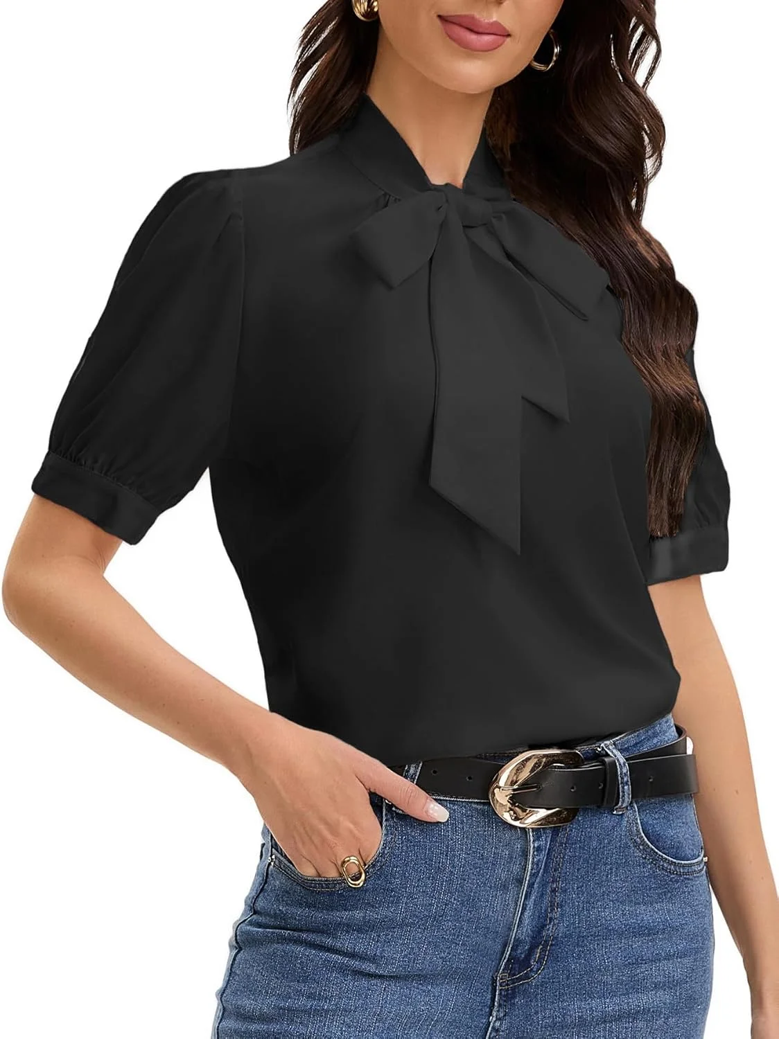 MISMI بلوز زنانه آستین کوتاه یقه پاپیونی دکمه دار مناسب محیط کار و استفاده روزمره