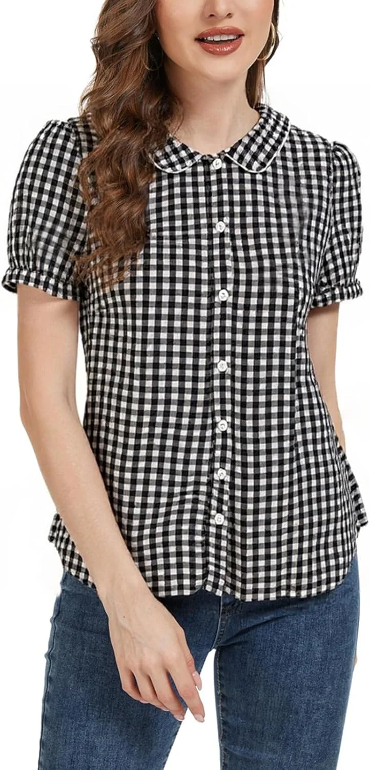 بلوز زنانه تابستانی چهارخانه MINTLIMIT مدل 2025، تاپ چهارخانه آستین کوتاه دکمه دار با یقه پیتر پن