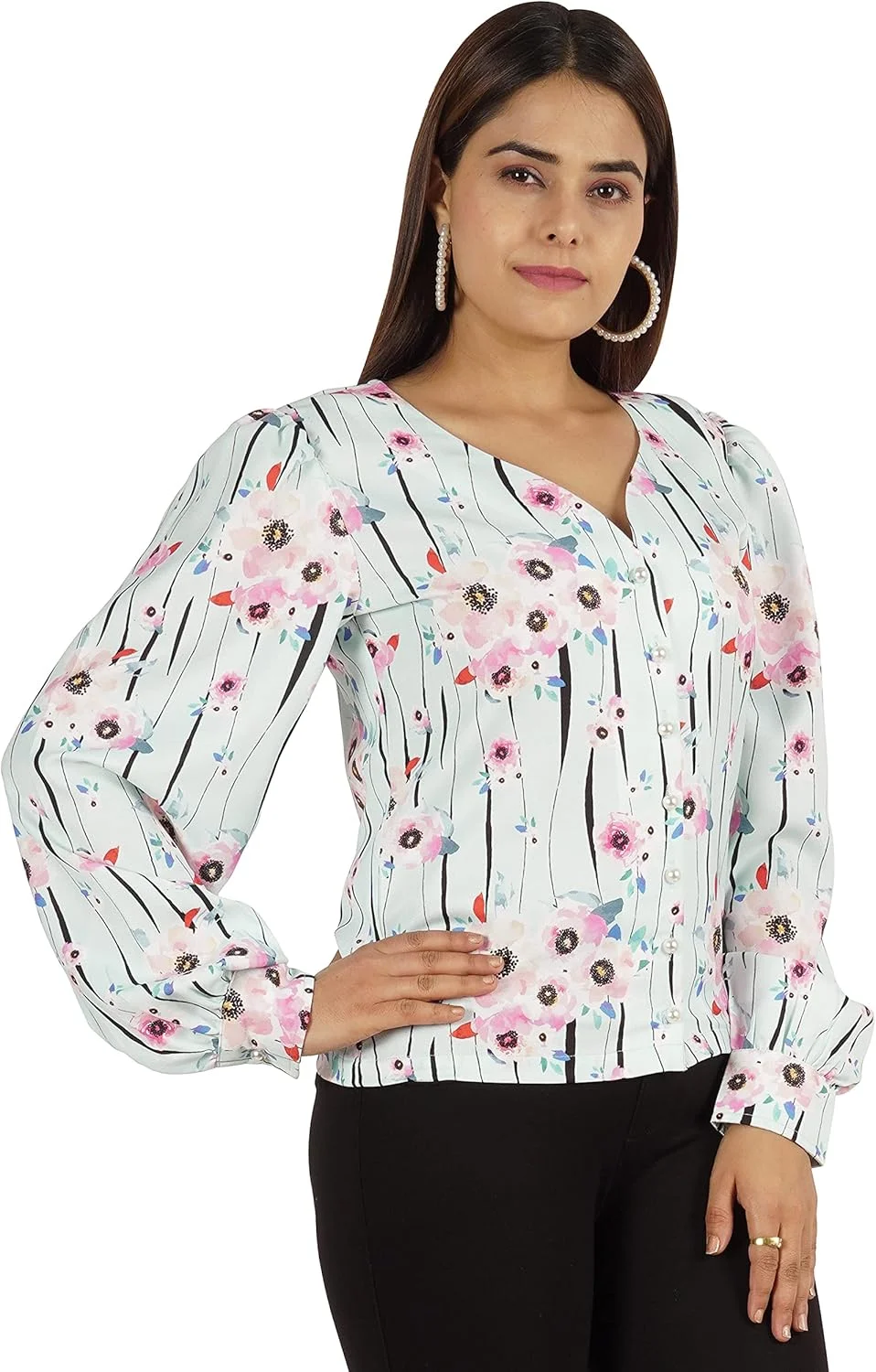 بلوز زنانه طرح دار مومایا، دکمه دار، آستین بلند، پیراهن غیر رسمی