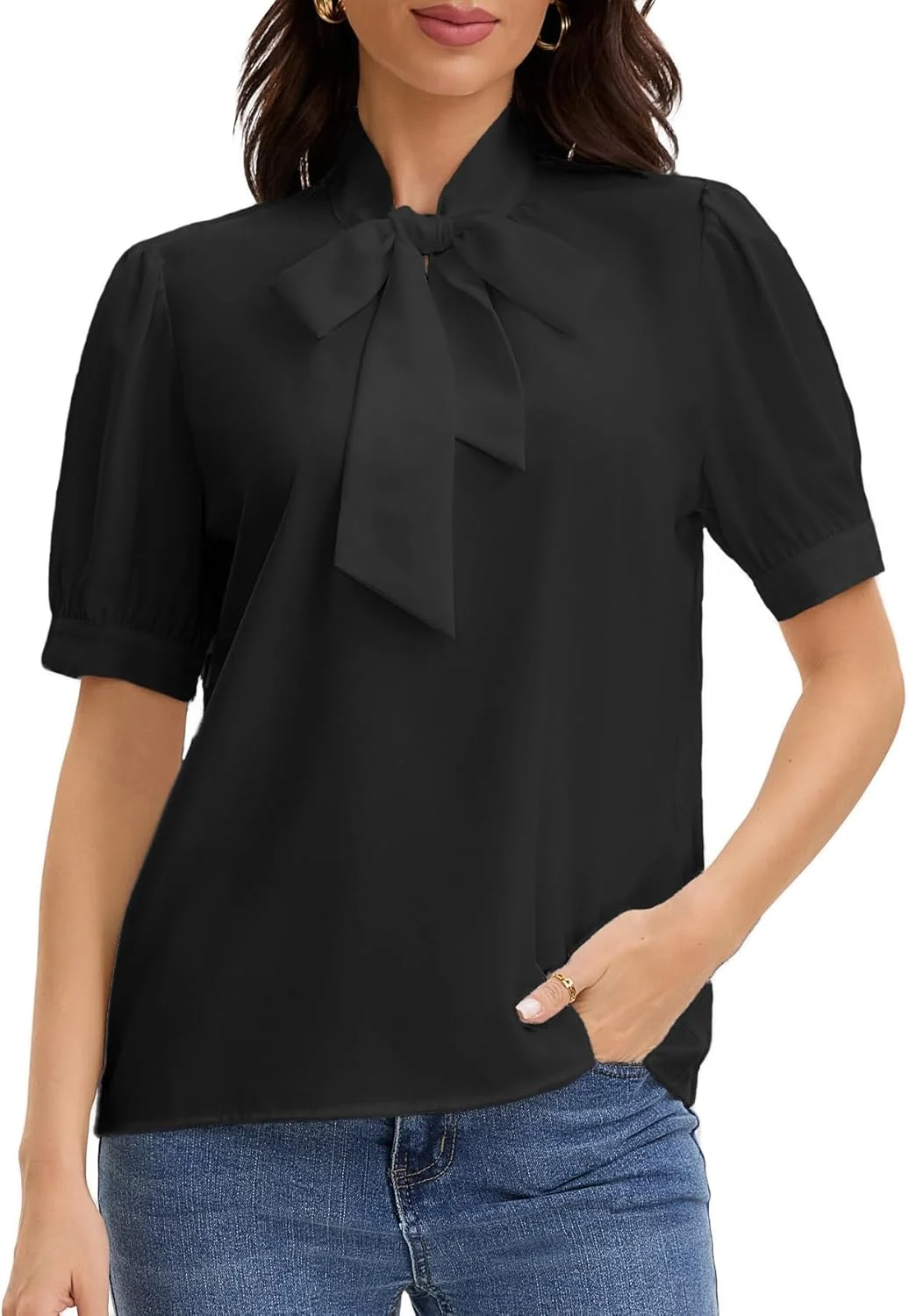 MISMI بلوز زنانه آستین کوتاه یقه پاپیونی دکمه دار مناسب محیط کار و استفاده روزمره MISMI بلوز زنانه آستین کوتاه یقه پاپیونی دکمه دار مناسب محیط کار و استفاده روزمره