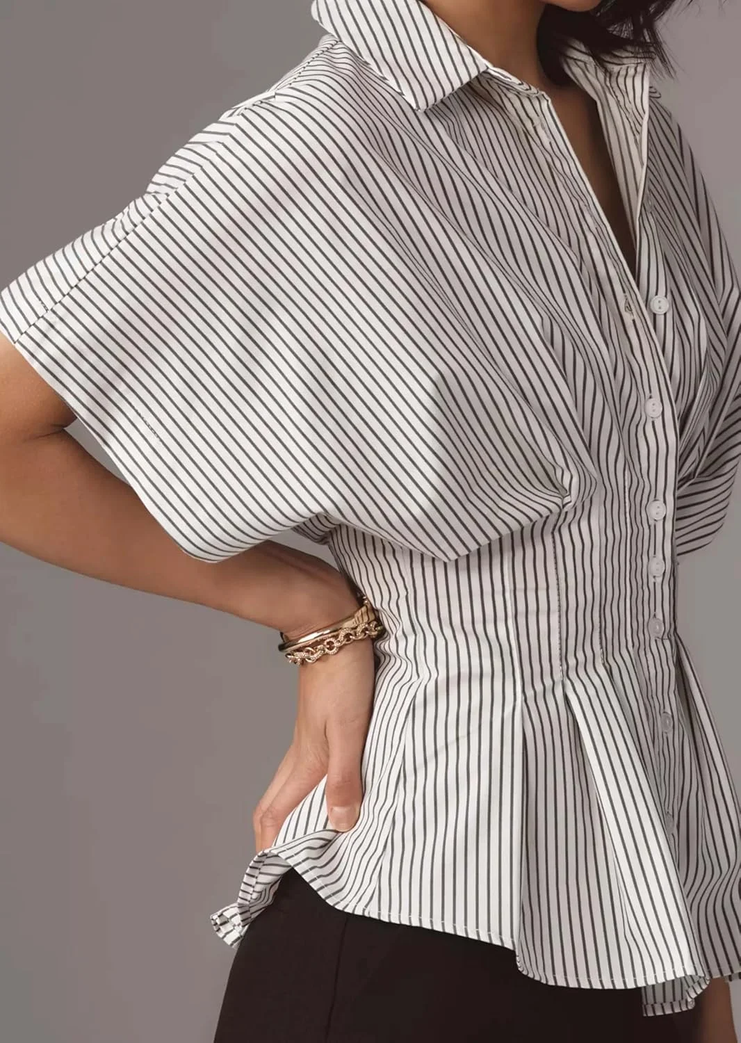 پیراهن راه راه دکمه دار MISSACTIVER زنانه آستین کوتاه پلیسه دار بلوز کرست تاپ مجلسی غیر رسمی تابستانی